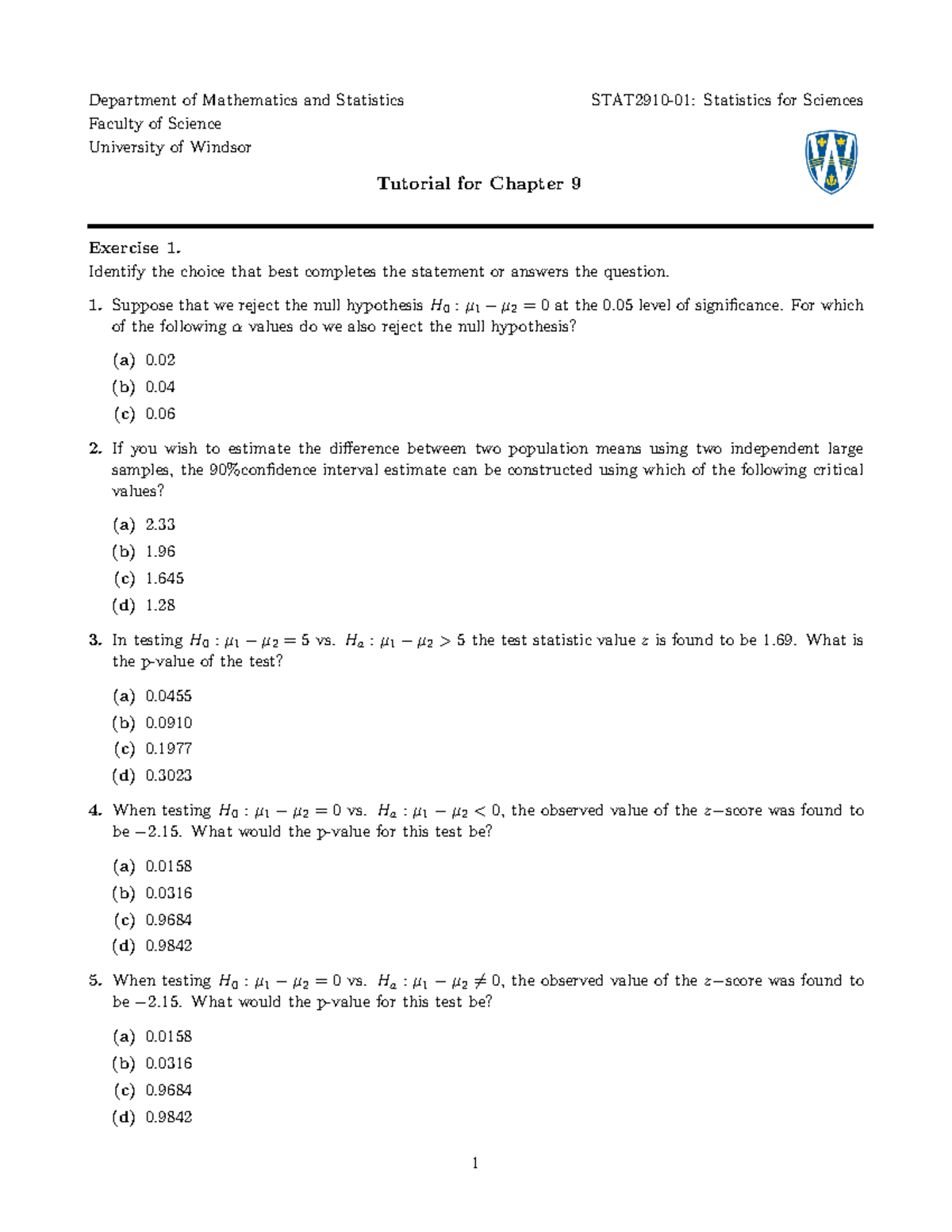 STAT2910 Chapter 9 Tutorial W24 - Department of Mathematics and ...