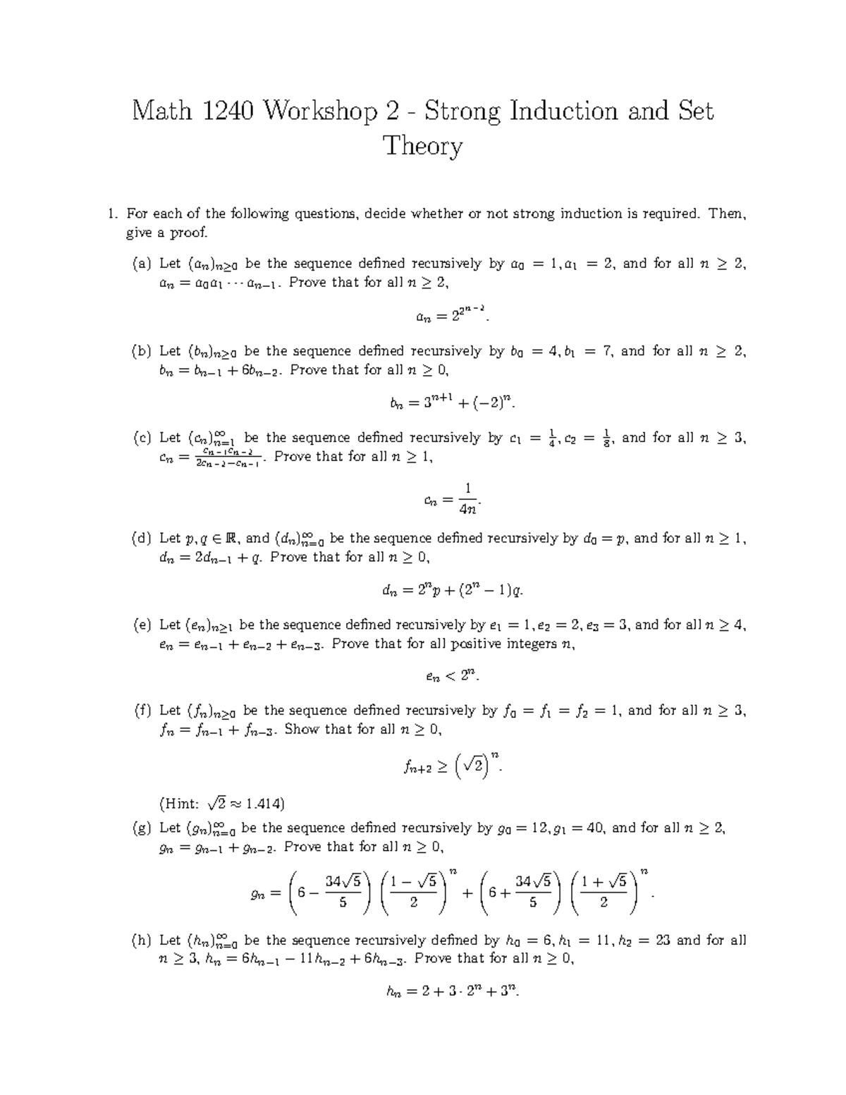 1240 F24 Workshop 2 Solutions on Strong Induction and Set Theory - Studocu