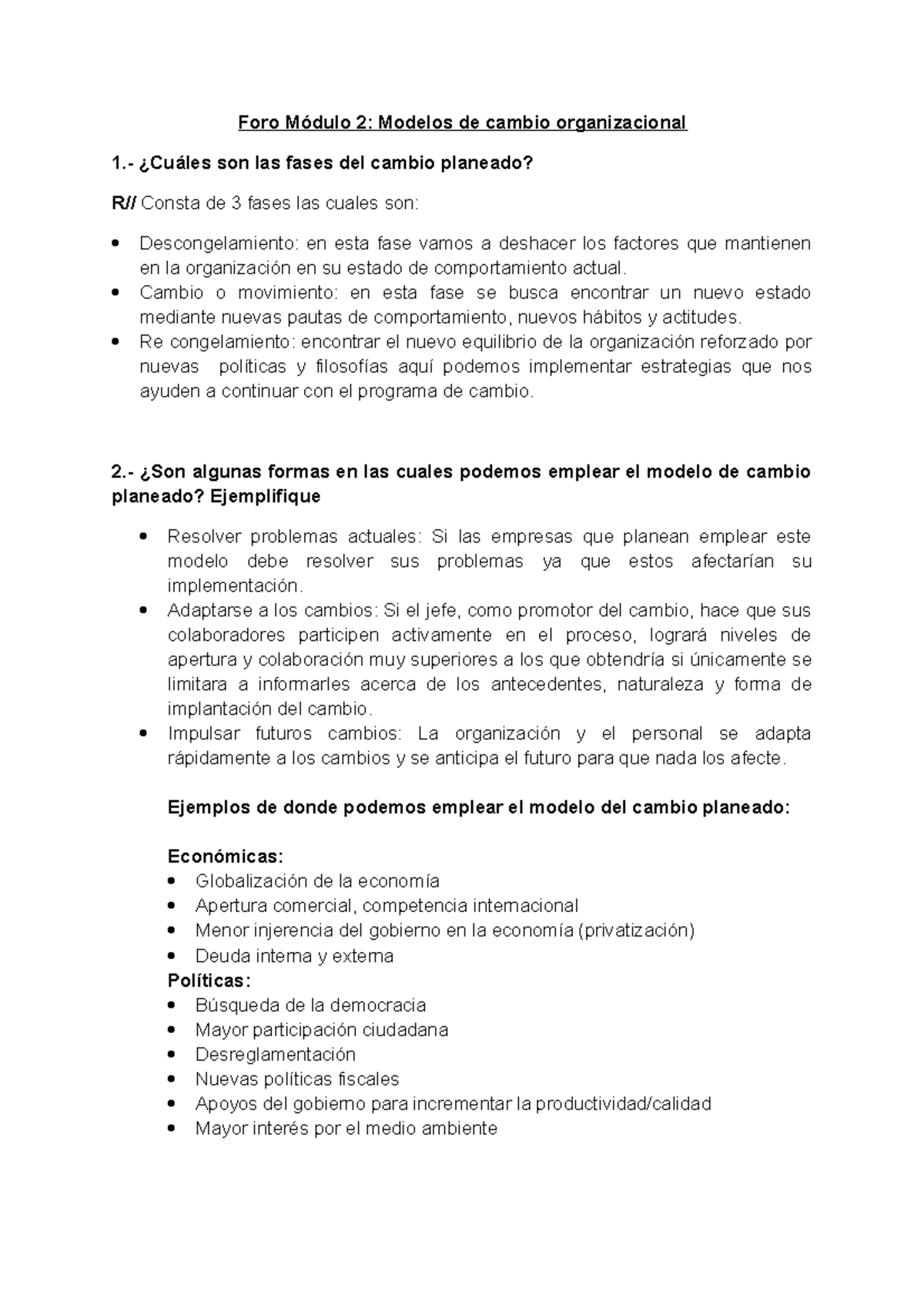 Foro Módulo 2 - Modelos de Cambio Organizacional y su Implementación ...