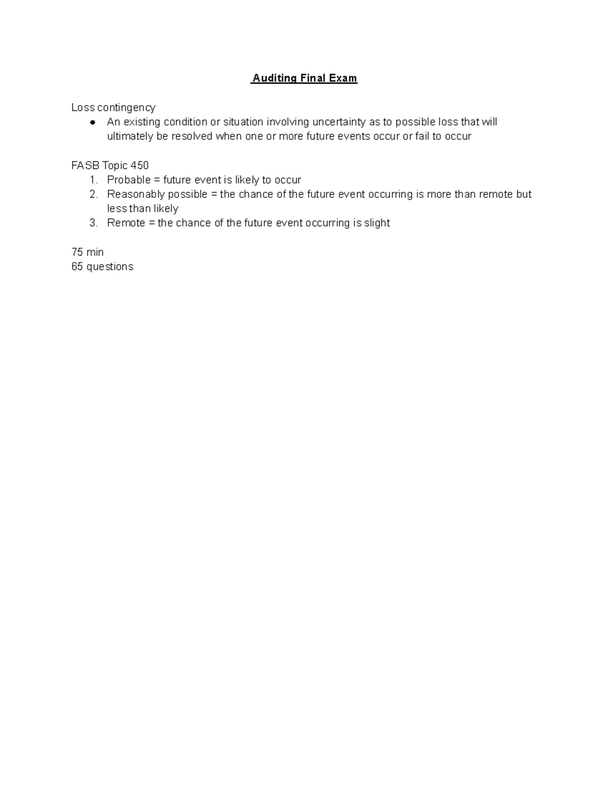 Auditing Final Exam Review Notes (ACC 101 - 75 min, 65 Qs) - Studocu