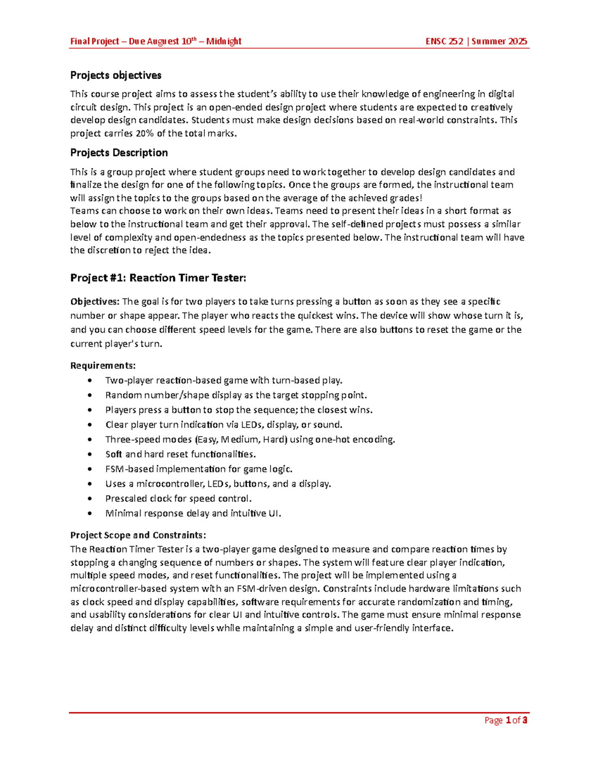 ENSC 252 Final Project Overview and Objectives - Summer 2025 - Studocu