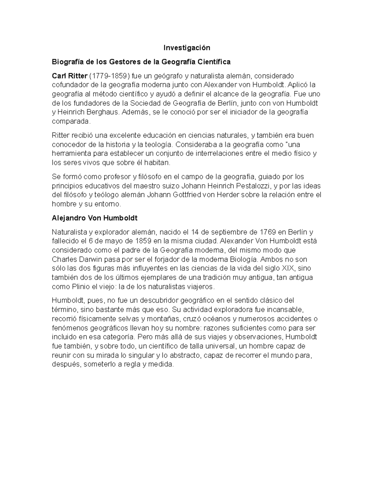 Biografía de Carl Ritter y Alejandro Von Humboldt en Geografía E - Studocu