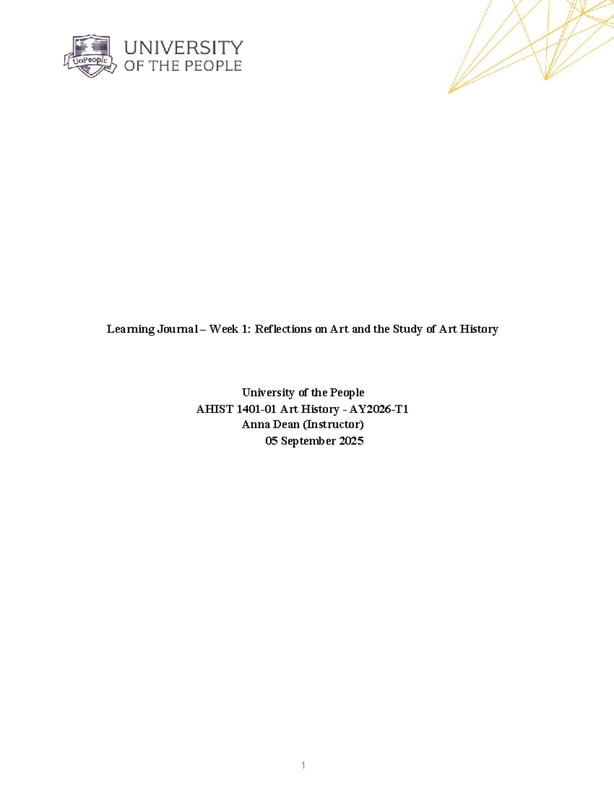 AHIST 1401-01 Learning Journal: Week 1 Reflections on Art History - Studocu