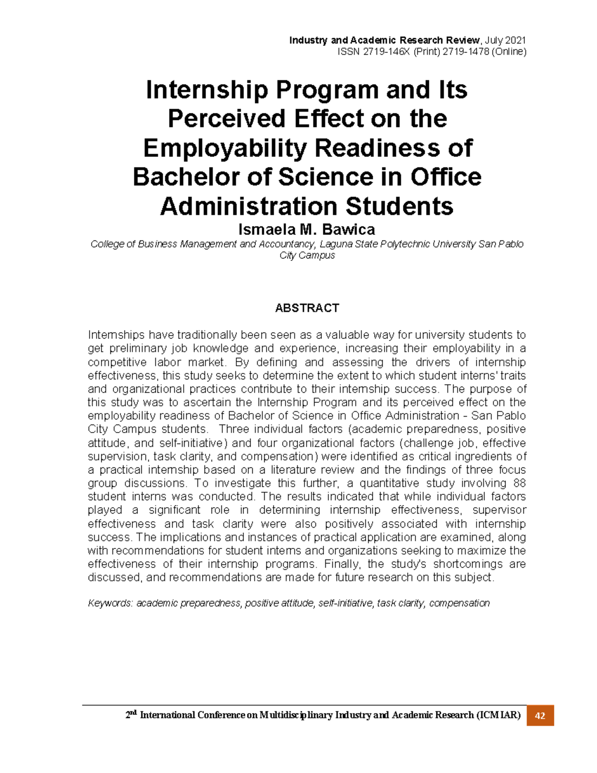 BSOA 358293 Internship Program: Impact on Employability Readiness - Studocu