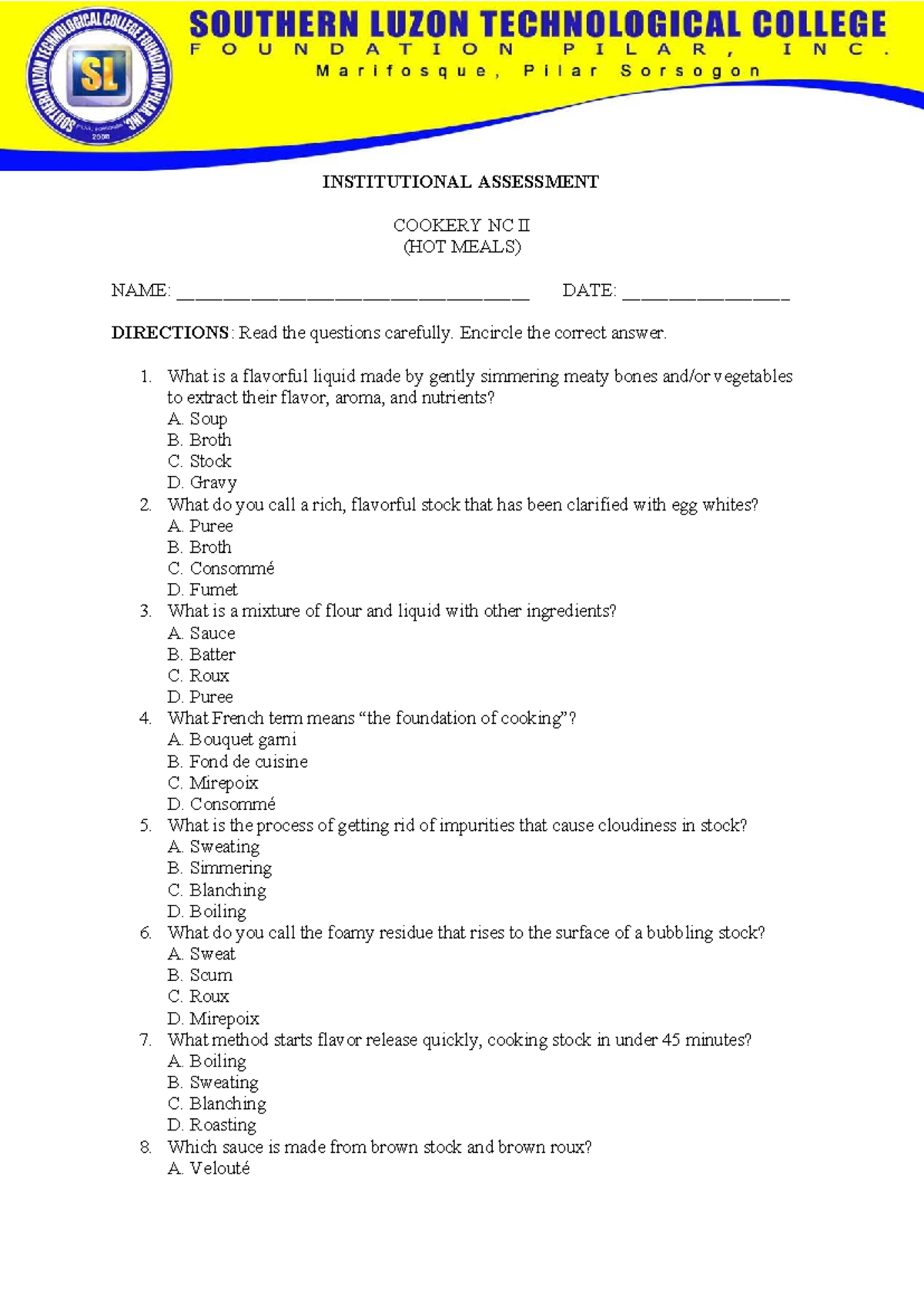 HOT MEALS Institutional Assessment NC II: Cookery Quiz - Studocu