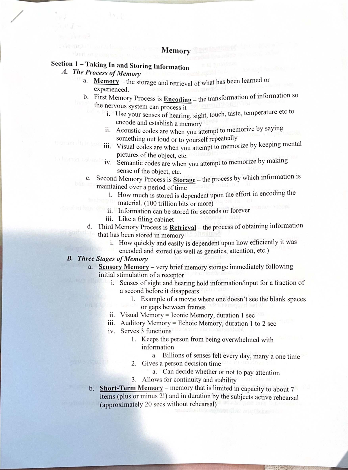 Final Exam Review Notes for Course XYZ 101: Memory Processes and ...