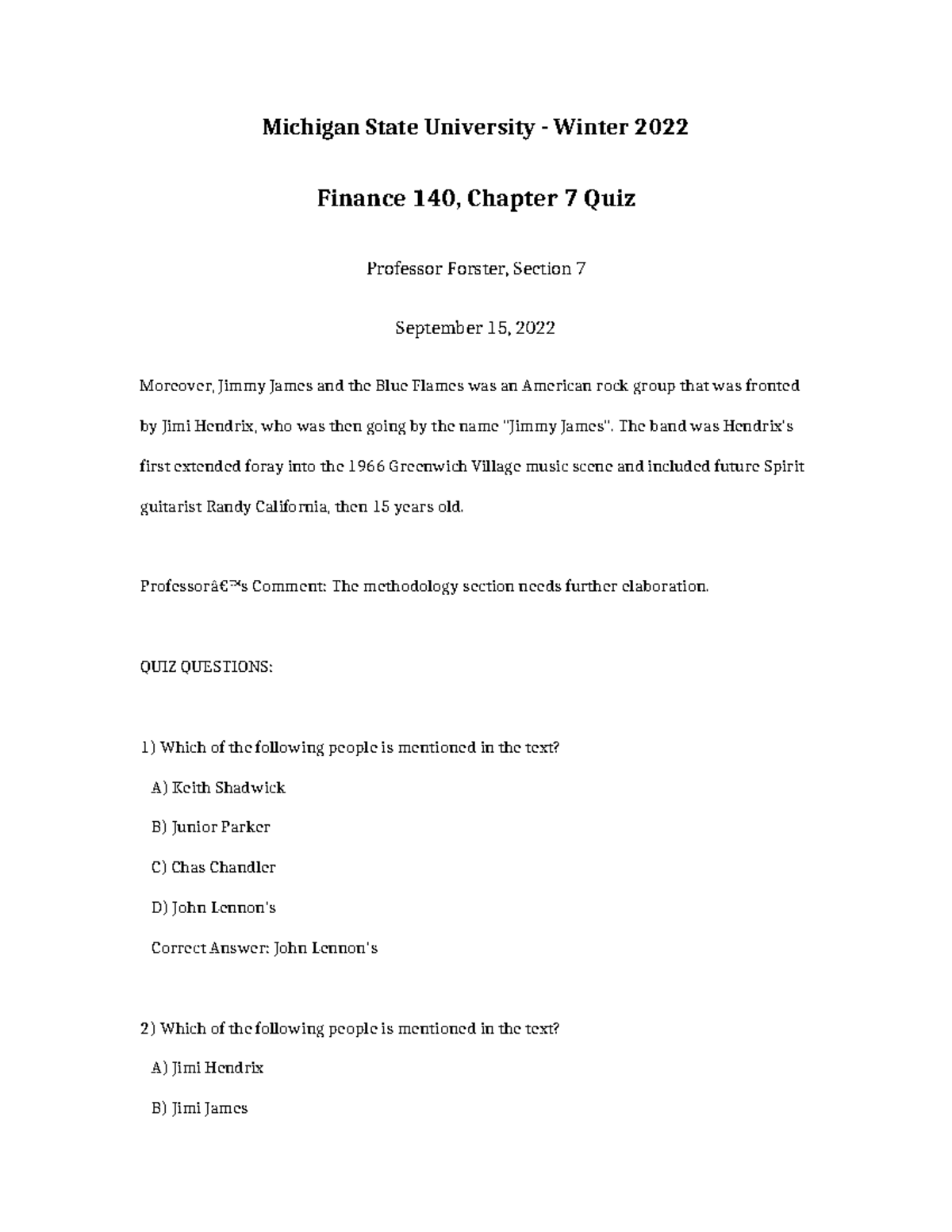 Finance 140 Chapter 7 QUIZ - Michigan State University - Winter 2022