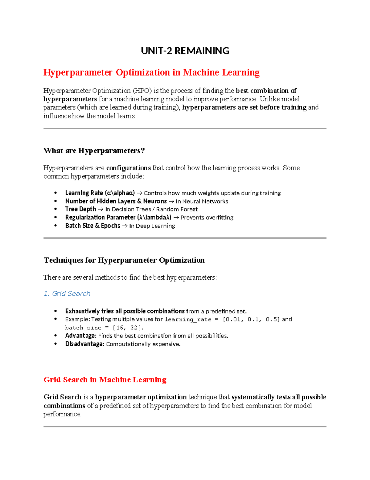 UNIT-2(Part2) ML: Hyperparameter Optimization Techniques and SVM - Studocu