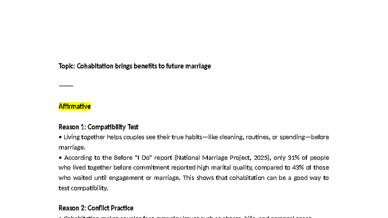 Cohabitation and Its Impact on Future Marriage: A Study (Topic-2) - Studocu