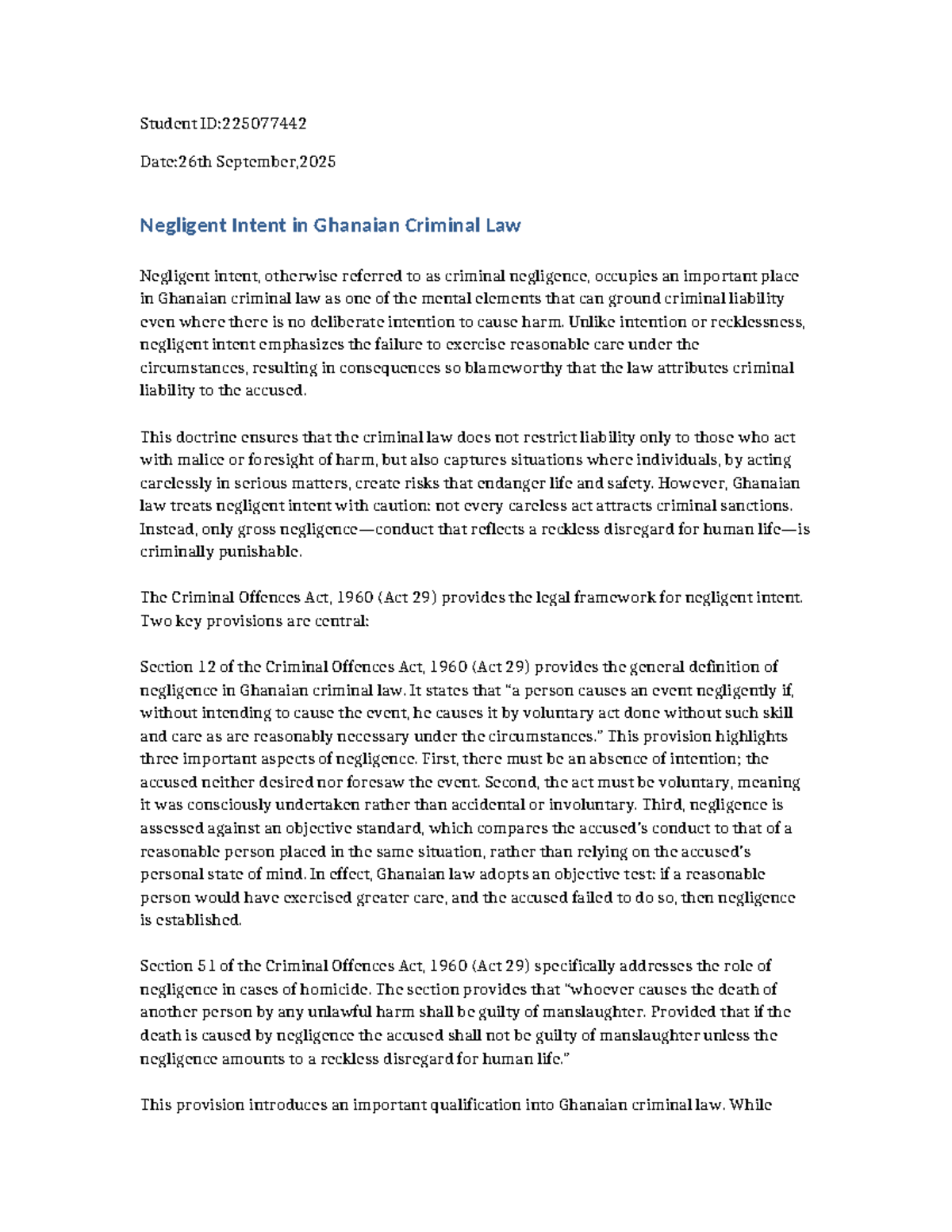 Negligent Intent in Ghanaian Criminal Law: An Analysis (LAW 101) - Studocu