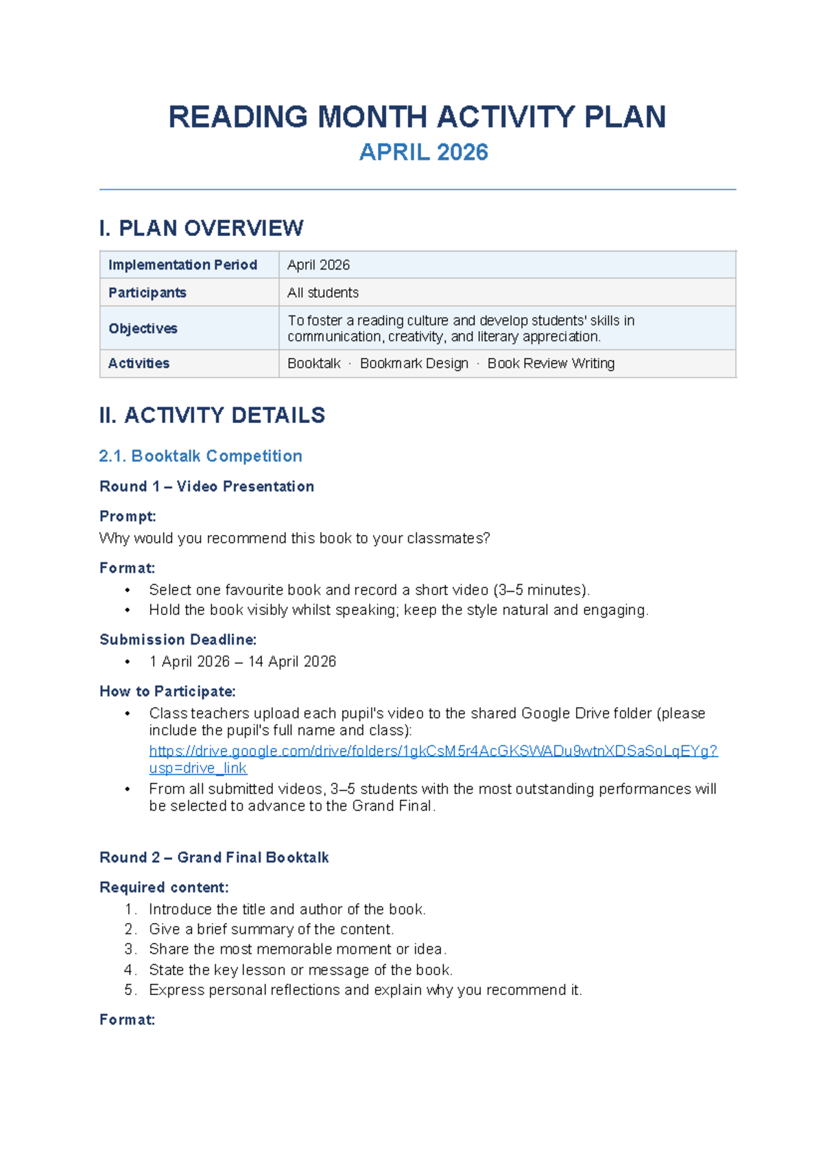 Reading Month Activity Plan (April 2026) for All Students - Studocu