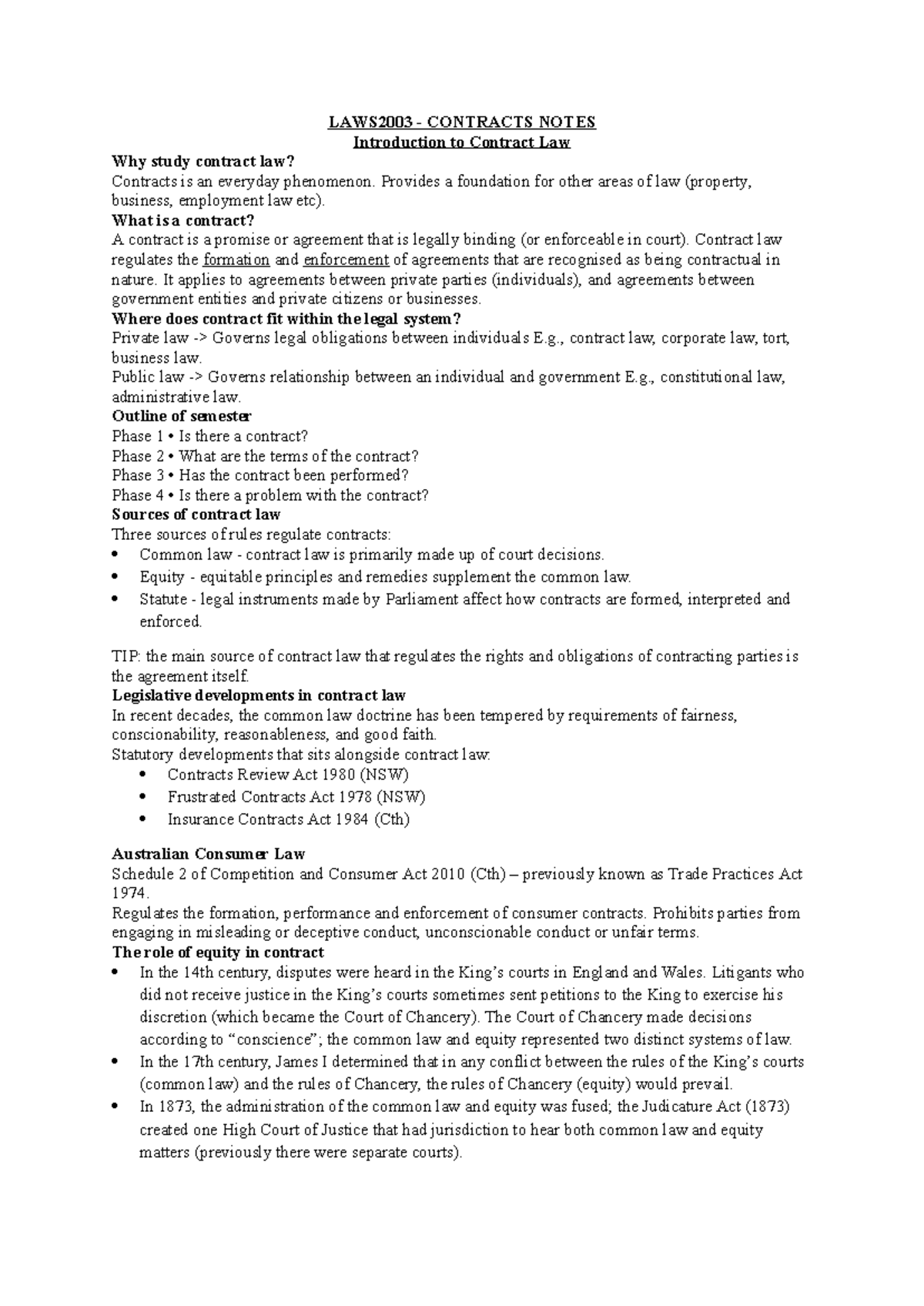 LAWS2003 - Final Exam Contracts Notes: Key Concepts and Case Analysis ...
