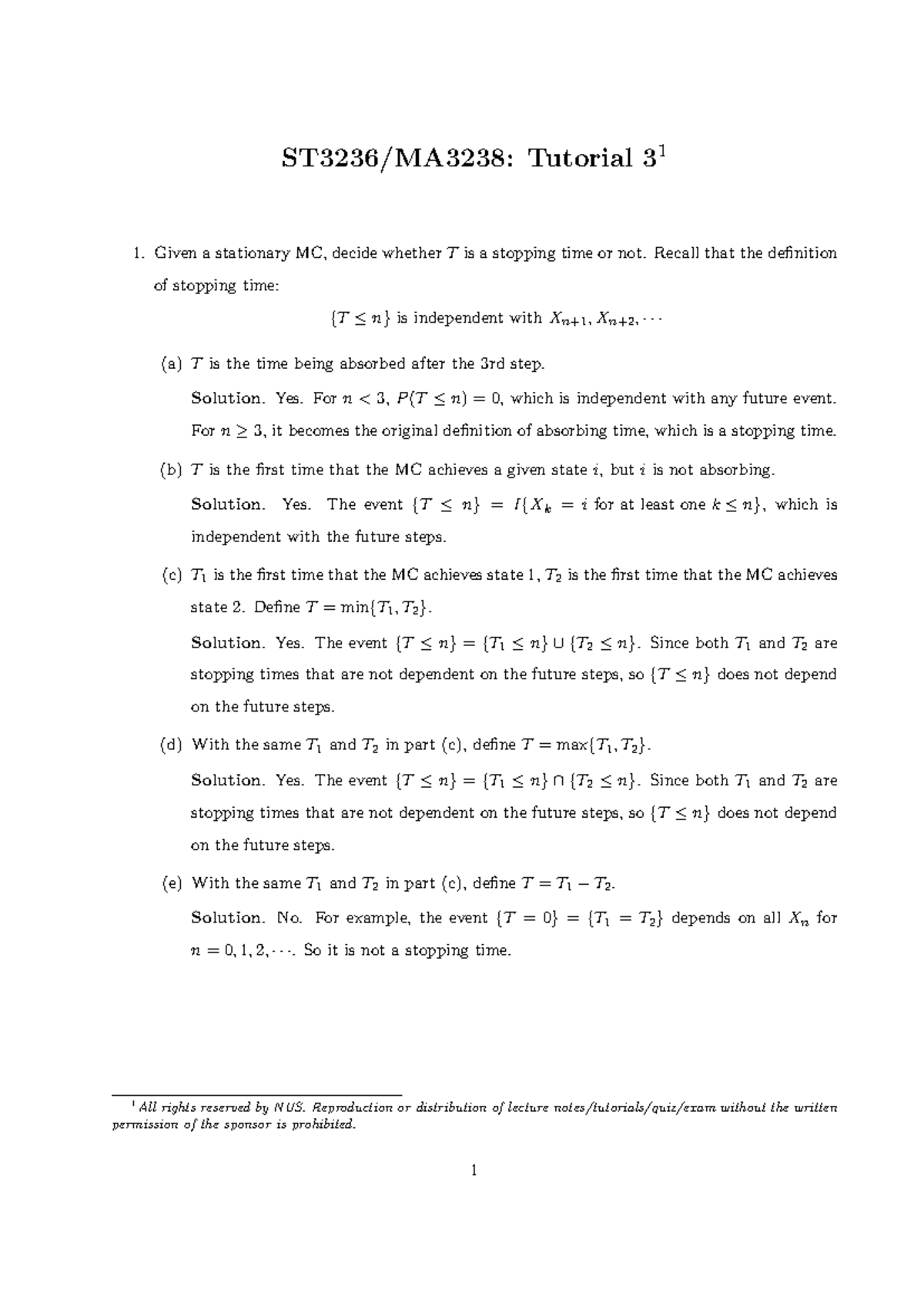Solution 3 - Tut 31: Stopping Times & First Step Analysis - Studocu