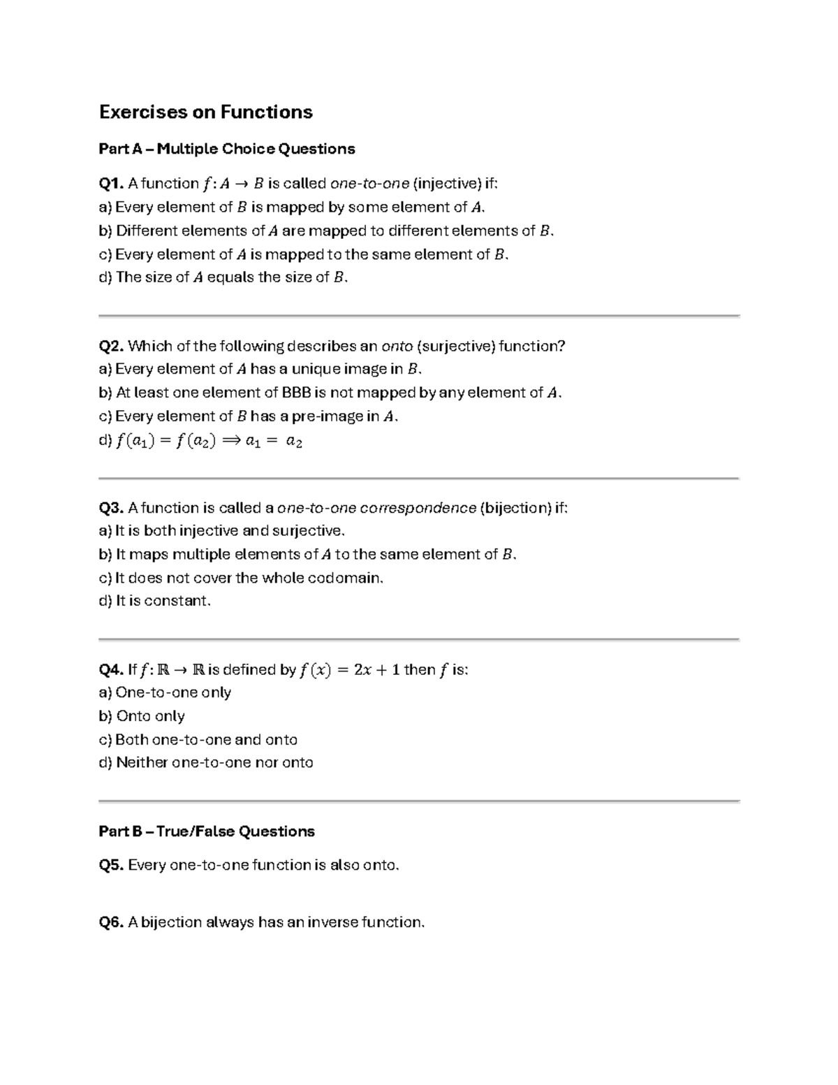Exercises on Functions (Part A) - MCQs for Students - Studocu