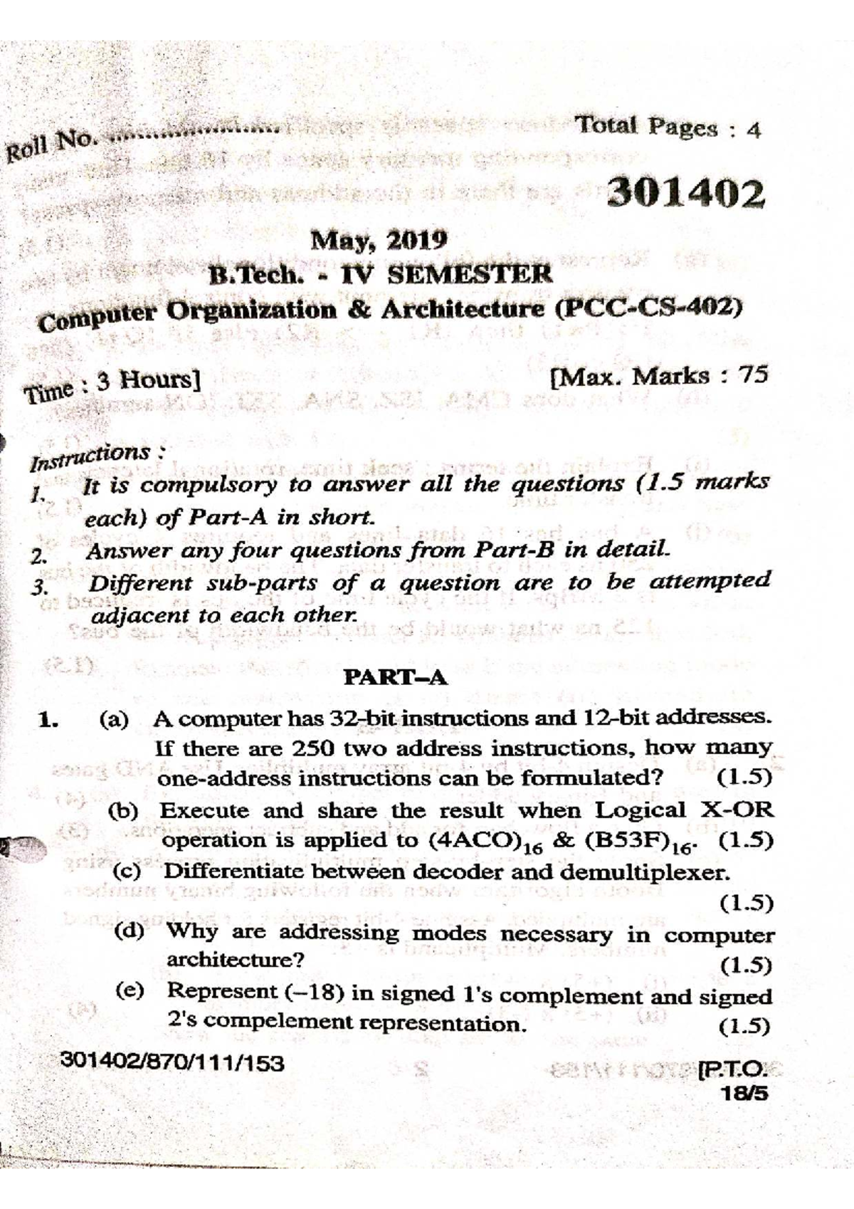 COA 301402 B.Tech IV Sem Computer Organization Exam Notes 2019 - Studocu