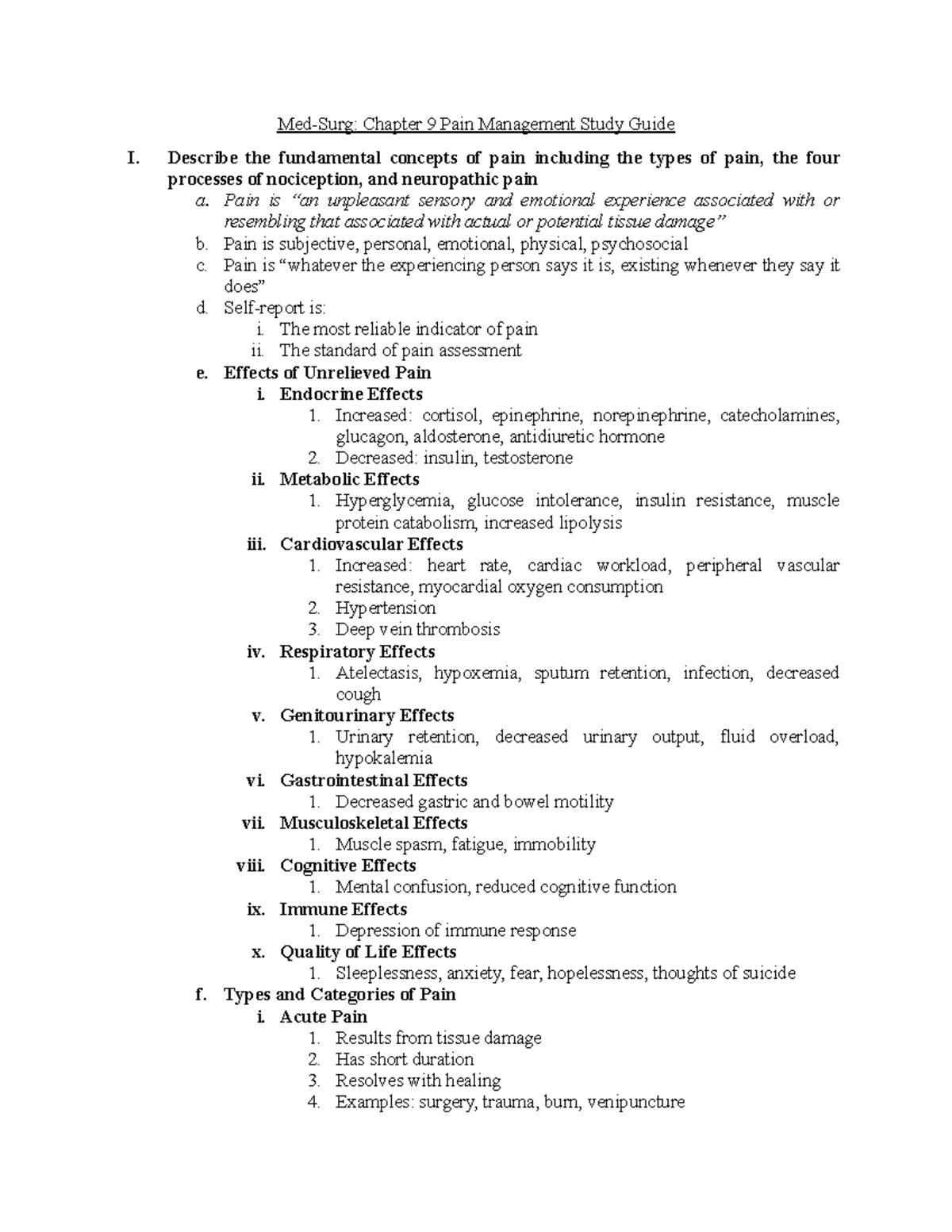 Med Surg 9: Comprehensive Pain Management Study Guide - Studocu