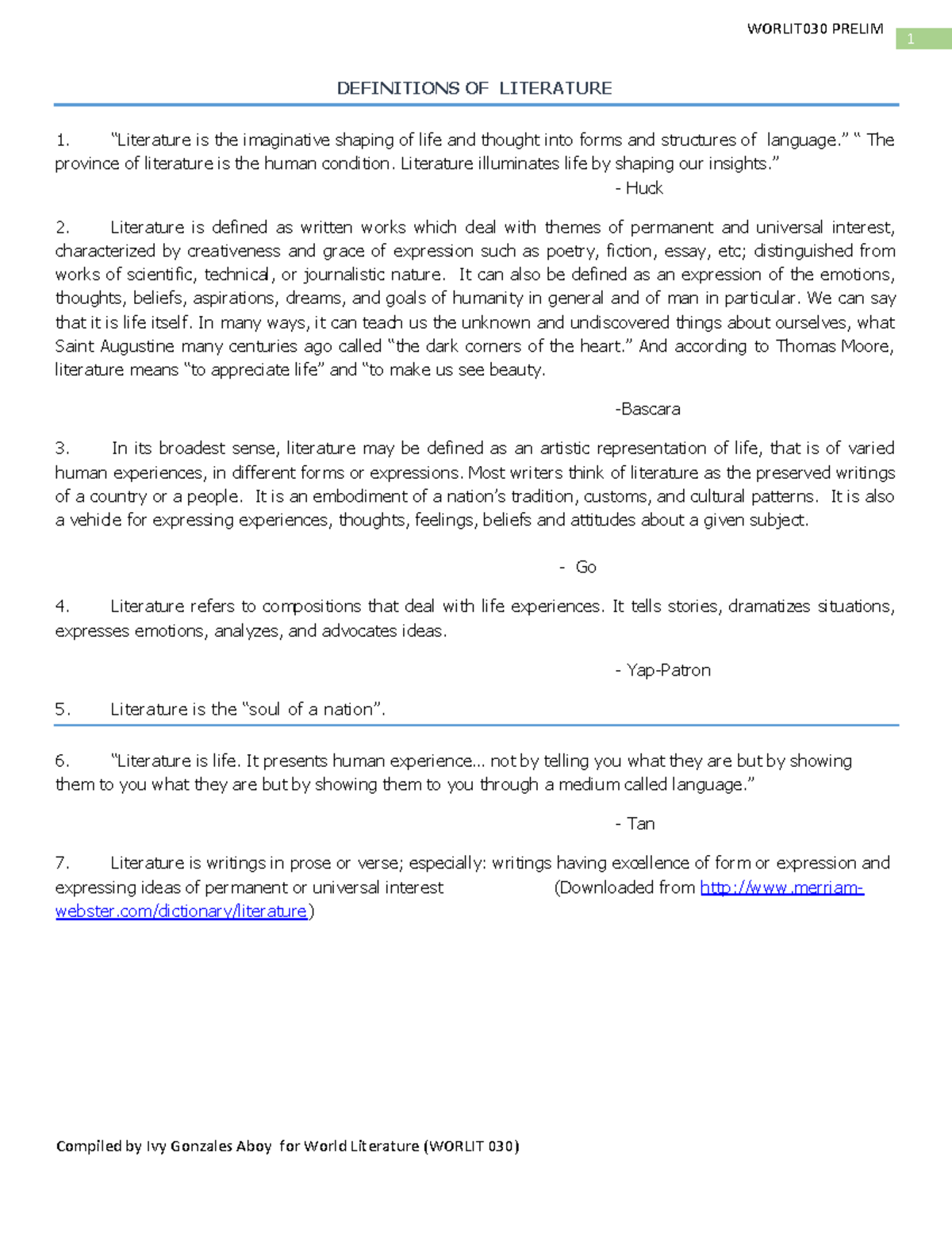 World Literature Preliminary Study Notes 2nd Sem 2022-23 - Studocu