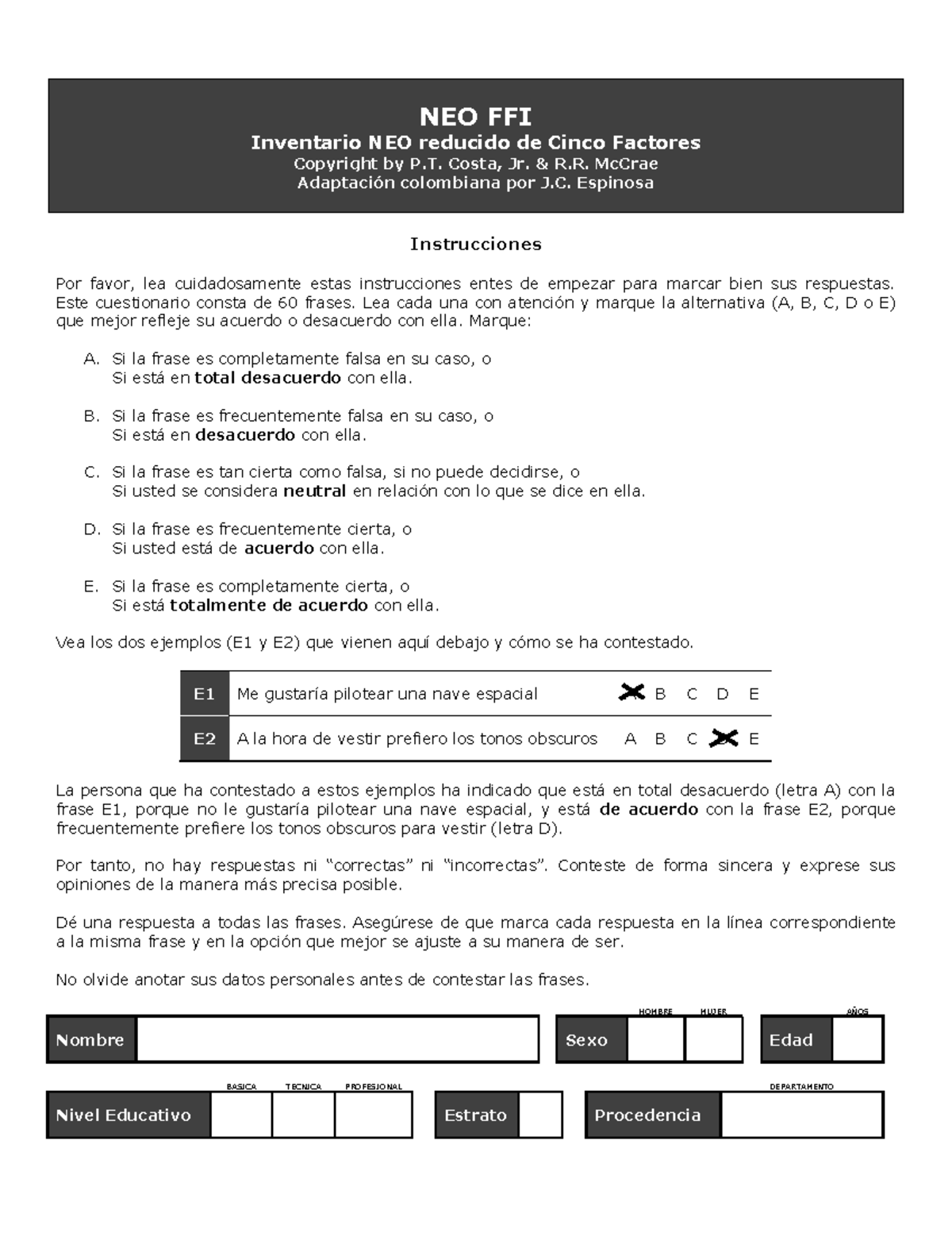 Cuadernillo NEO-FFI: Inventario de Cinco Factores en Psicodiagnóstico - Document Preview