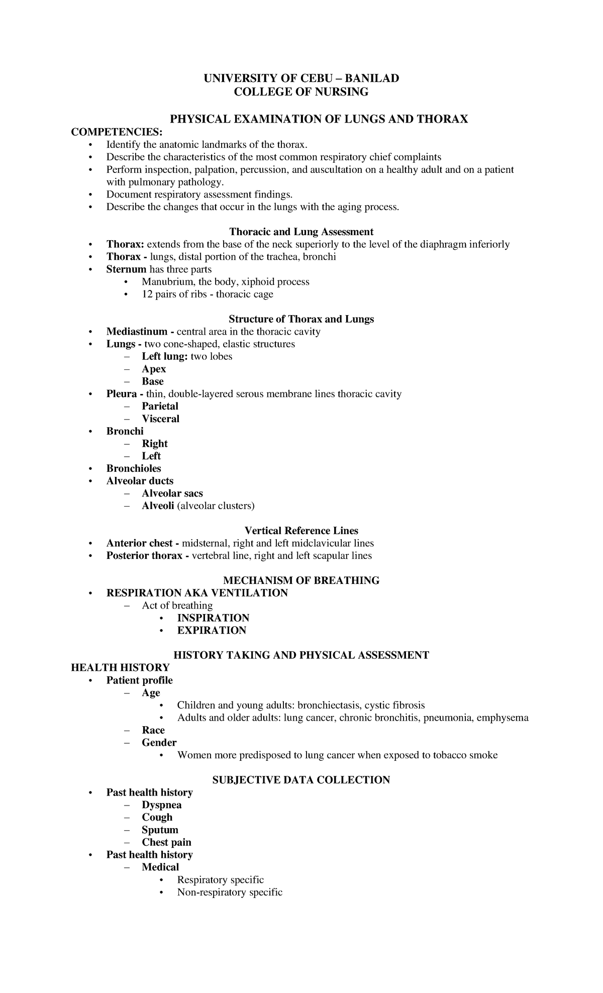 Thorax and Lung Assessment Guide for Nursing Students (NUR 202) - Studocu
