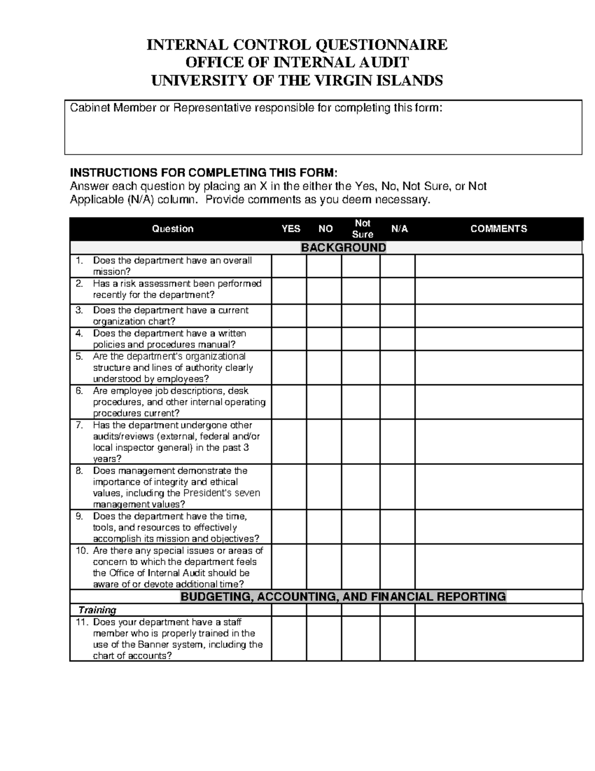 Internal Control Questionnaire 2 - OFFICE OF INTERNAL AUDIT UNIVERSITY ...