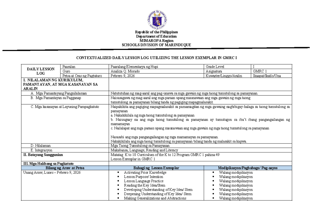 Daily Lesson Log in GMRC I: Contextualized Learning for Grade 1 - Studocu