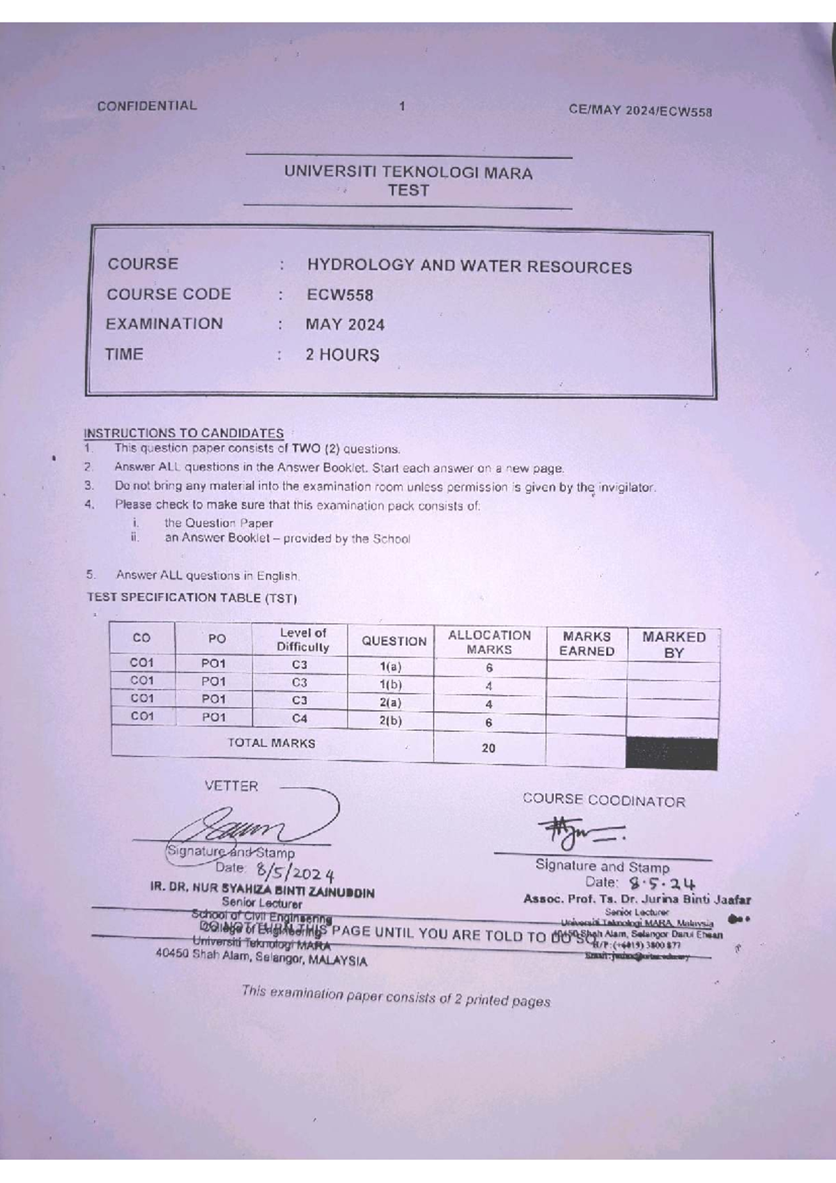 Test Paper for Hydrology and Water Resources (ECW558) - May 2024 - Studocu