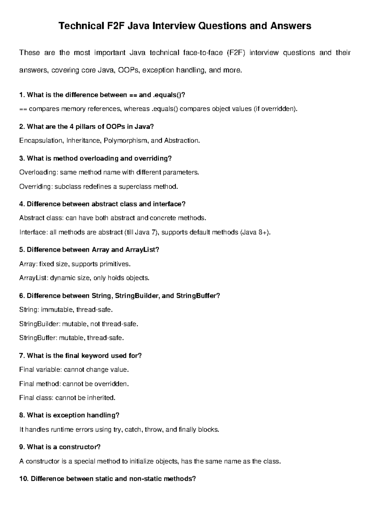 Technical F2F Java Interview Q&A: Core Concepts & Key Topics - Studocu