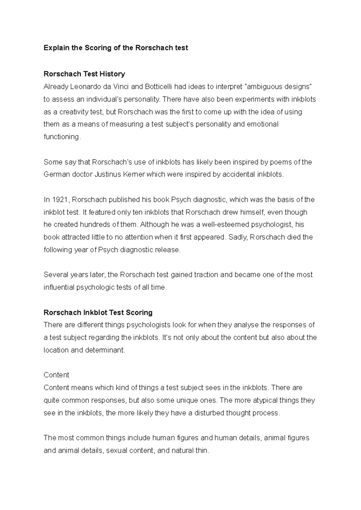 Understanding the Scoring Process of the Rorschach Test - Studocu