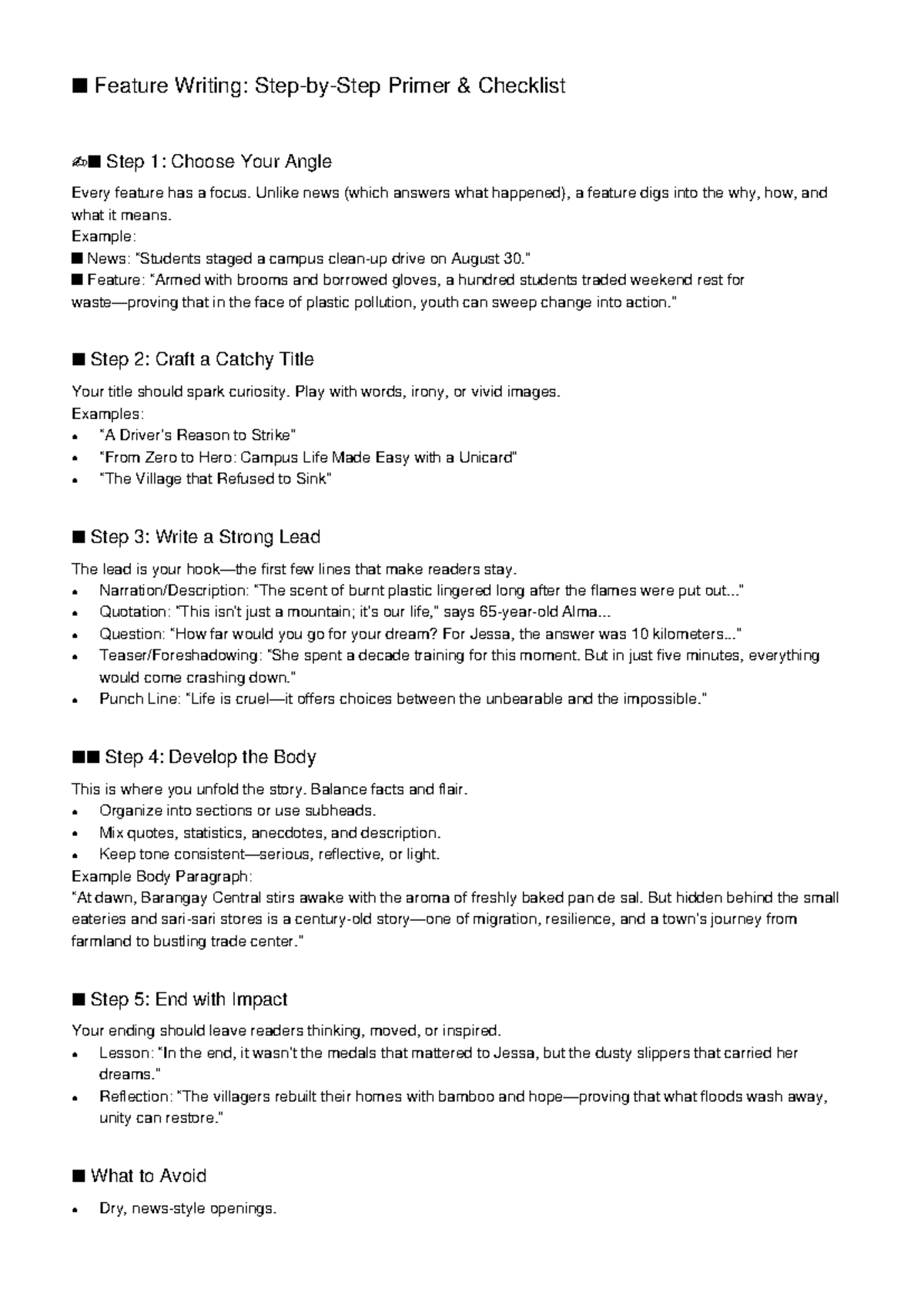 Feature Writing Primer Checklist: Crafting Engaging Stories - Studocu