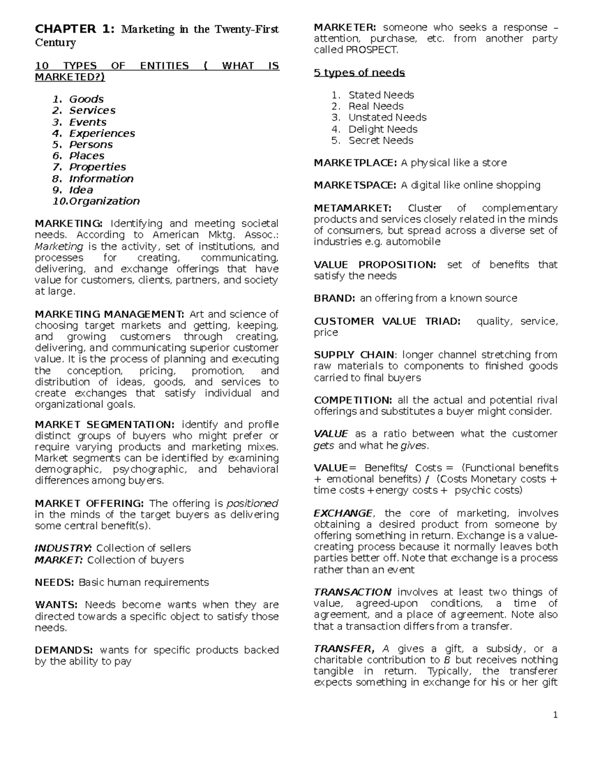 MKT 101 - Summary 1-5: Lecture Notes on Marketing Concepts - Studocu