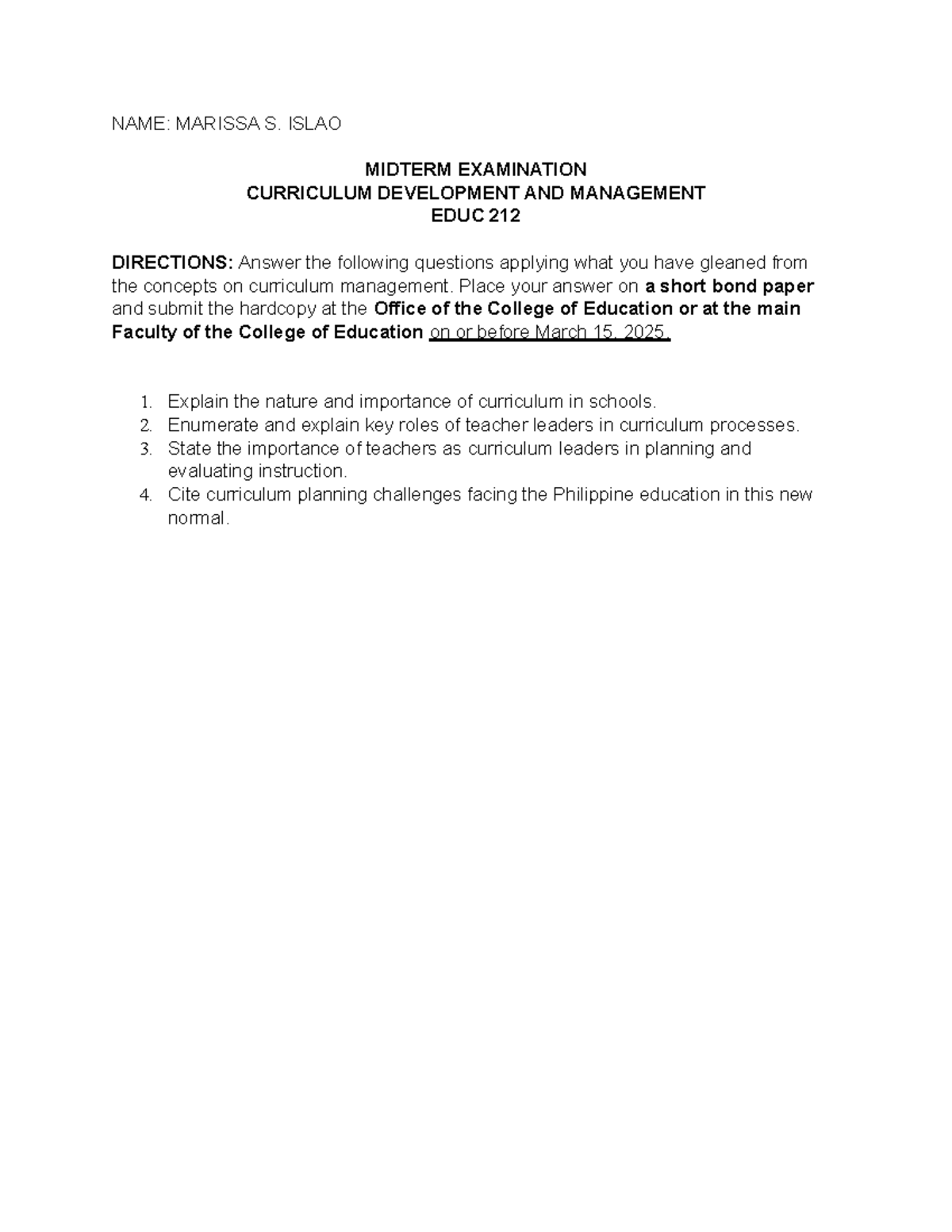 Midterm Exam: Curriculum Development & Management (EDUC 212) - Studocu