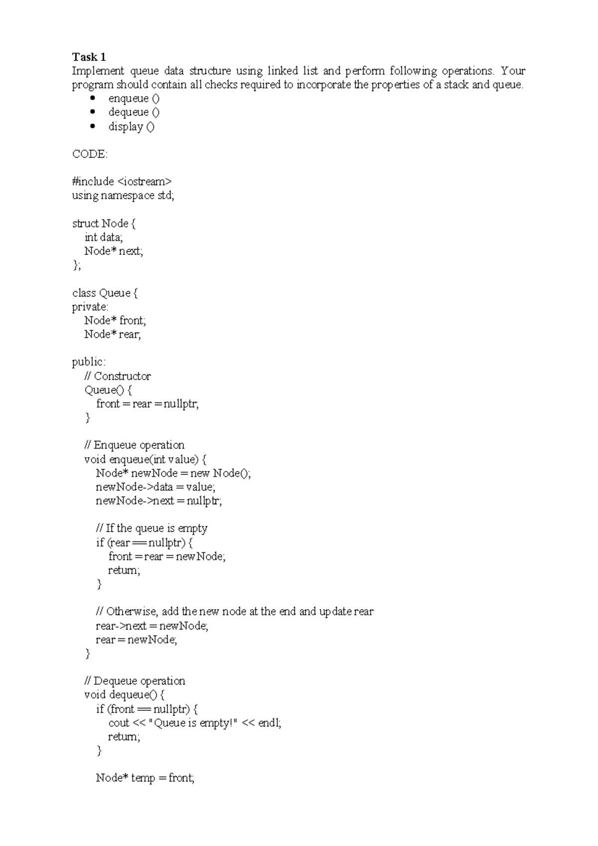 Queue S - Task 1 Implement queue data structure using linked list and ...