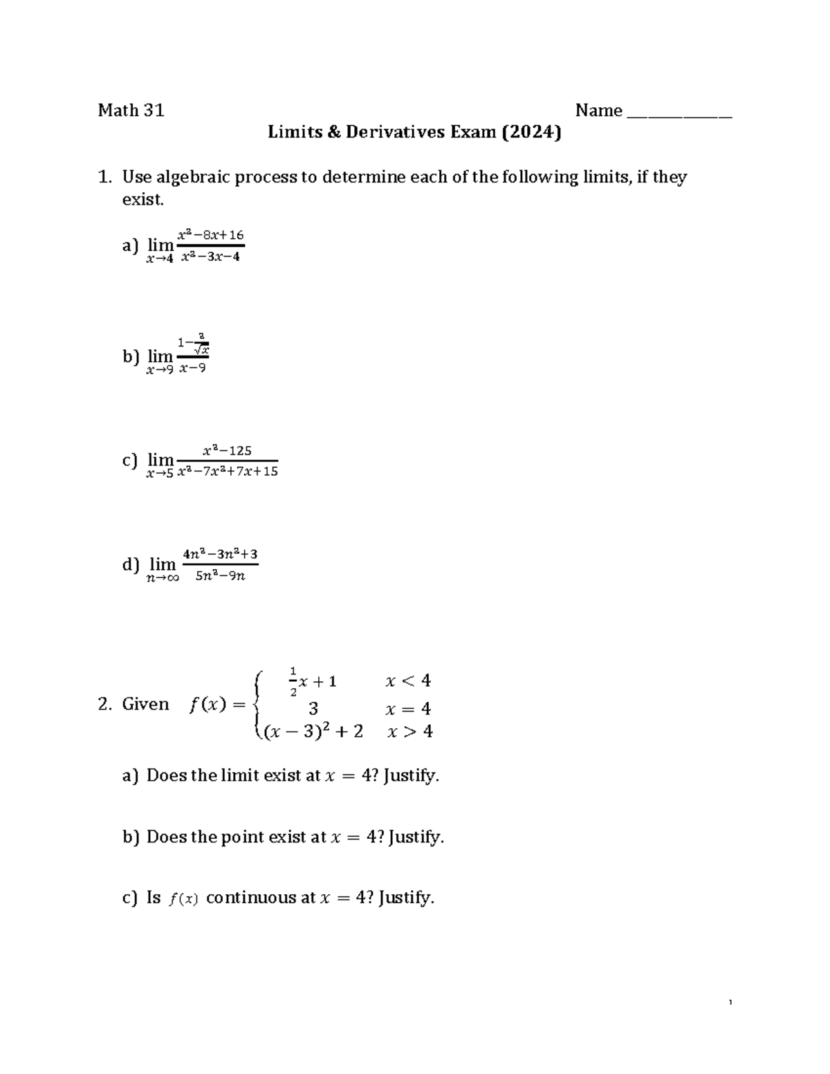 Math 31 Limits & Derivatives Exam 2024 - Practice Questions - Studocu
