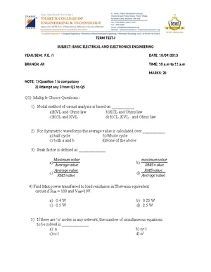 BEE 101: Practice Test Paper 1 for Basic Electrical Engineering - Studocu