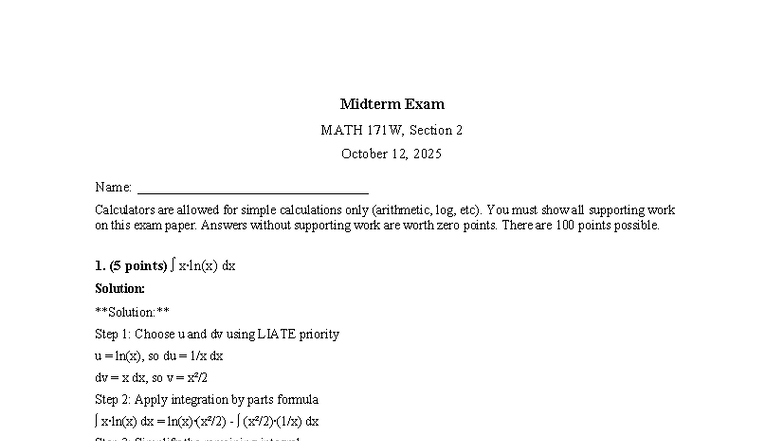 Midterm Exam Solutions for MATH 171W, Section 2 - October 2025 - Studocu
