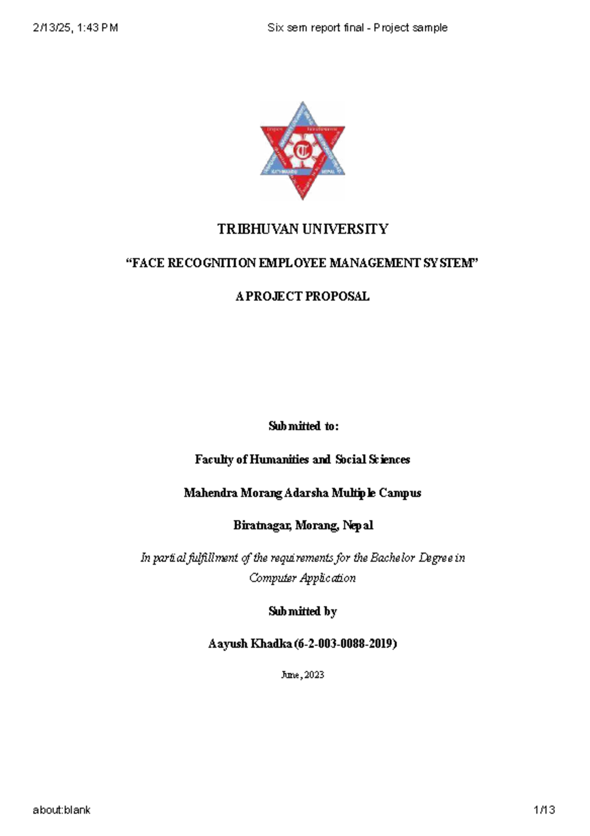 Six sem report final - Project sample - TRIBHUVAN UNIVERSITY “FACE ...