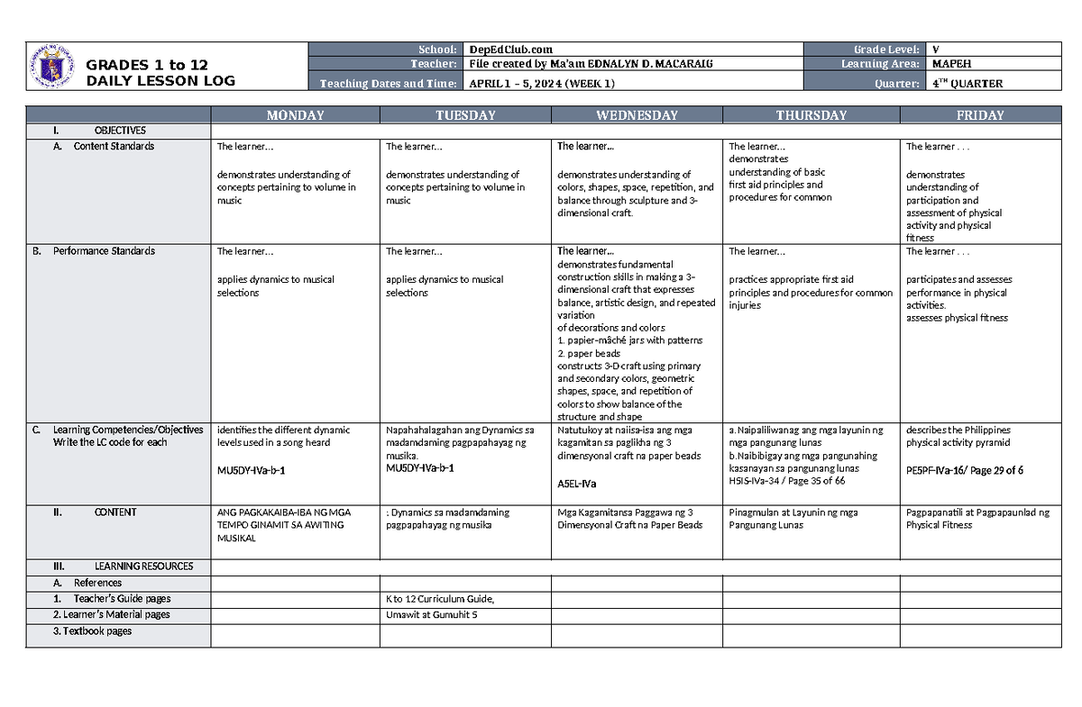 DAILY LESSON LOG - GRADES 1 to 12 DAILY LESSON LOG School: DepEdClub ...