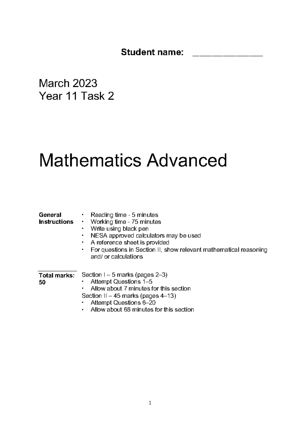 Mathematics Advanced Year 11 Task 2 Past Paper 2025 Term 2 Assessment ...