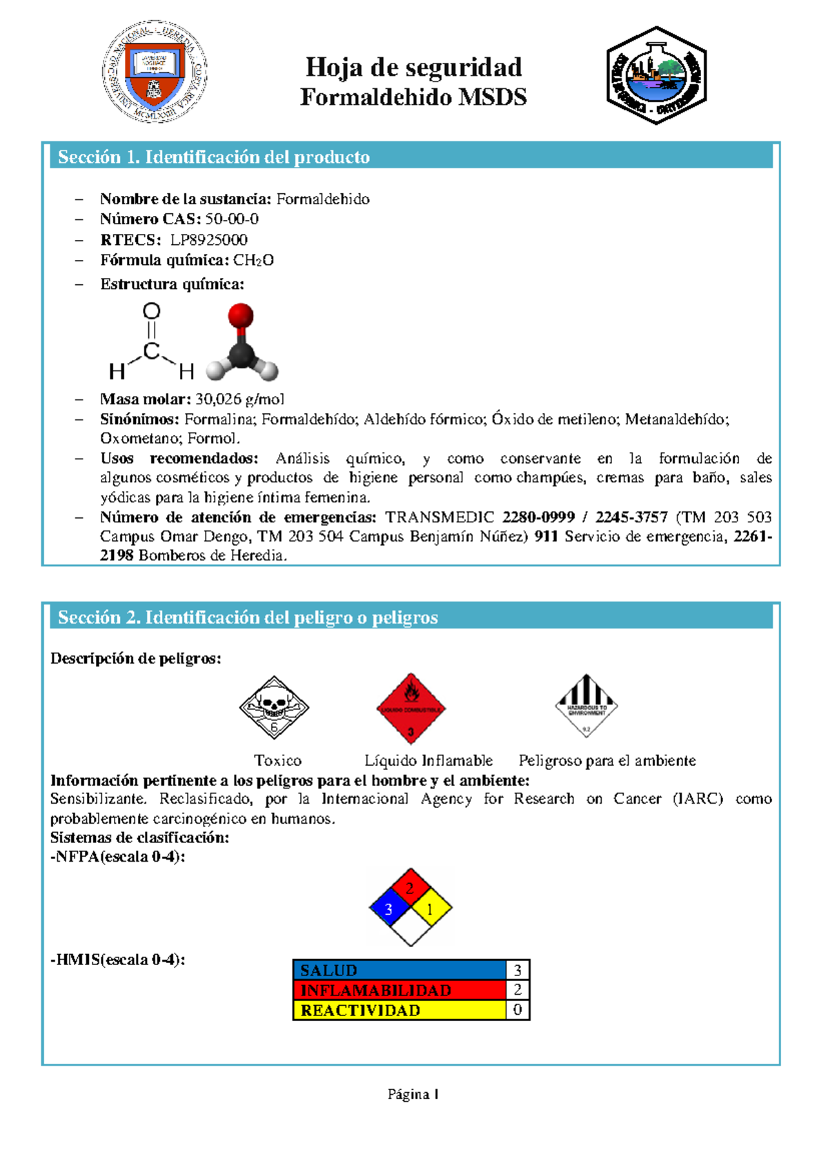 HDS Seguridad Y Toxicidad Del Formaldehido MSDS Detallado Studocu