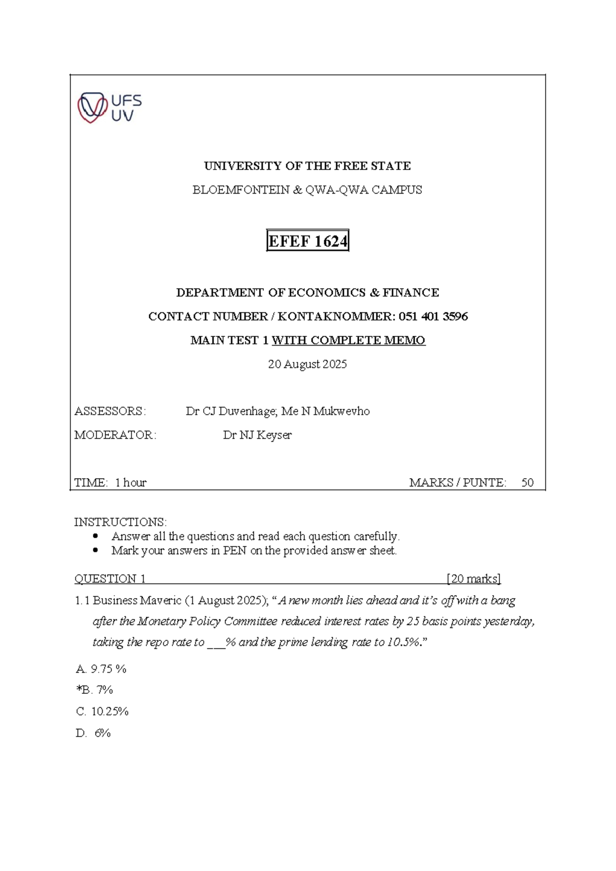 EFEF 1624 Main Test 1 Memo with Solutions - August 2025 - Studocu
