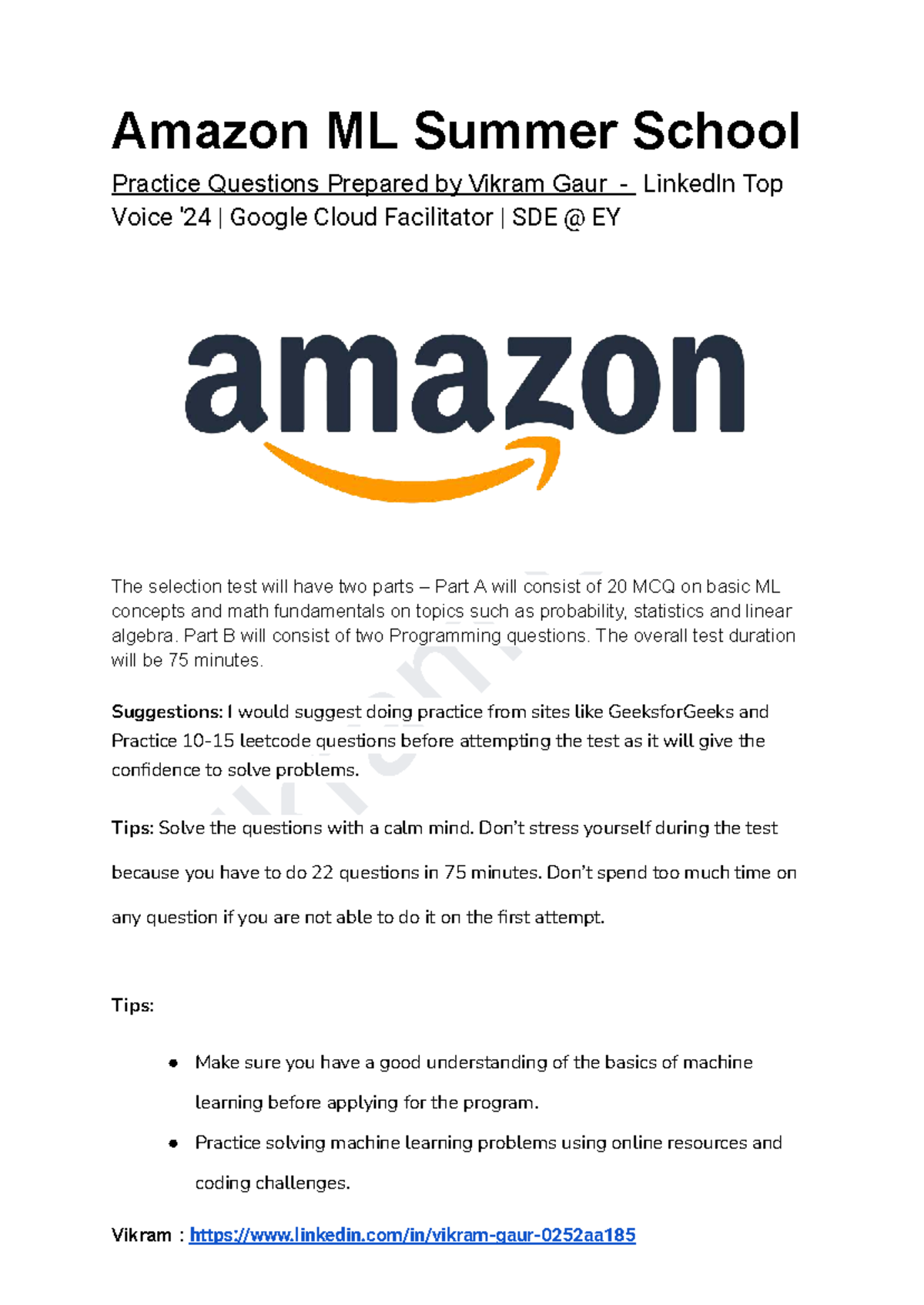 Amazon ML Summer School Practice Questions (1718981178) - Studocu