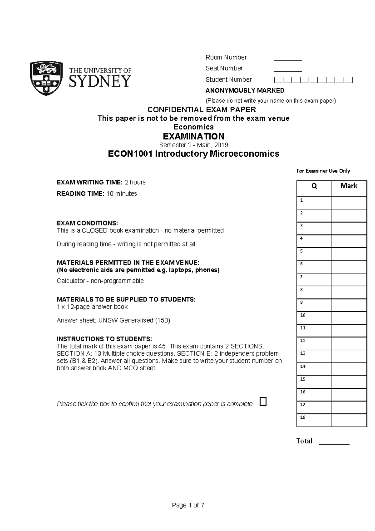 ECON1001 S2 2019 Final Exam Paper - Introductory Microeconomics - Studocu