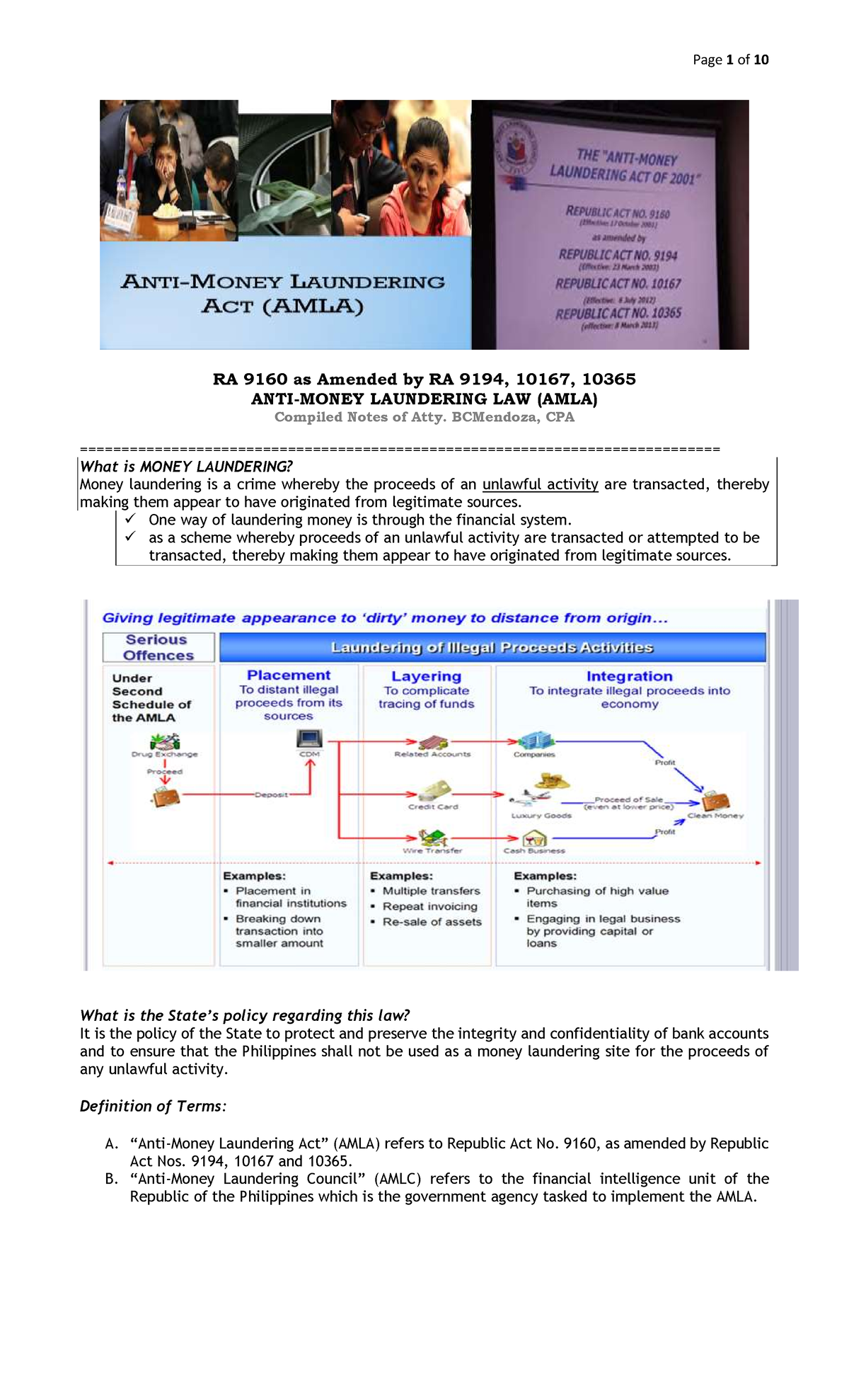 AMLA 9160 & 9194: Comprehensive Notes on Money Laundering Law - Studocu