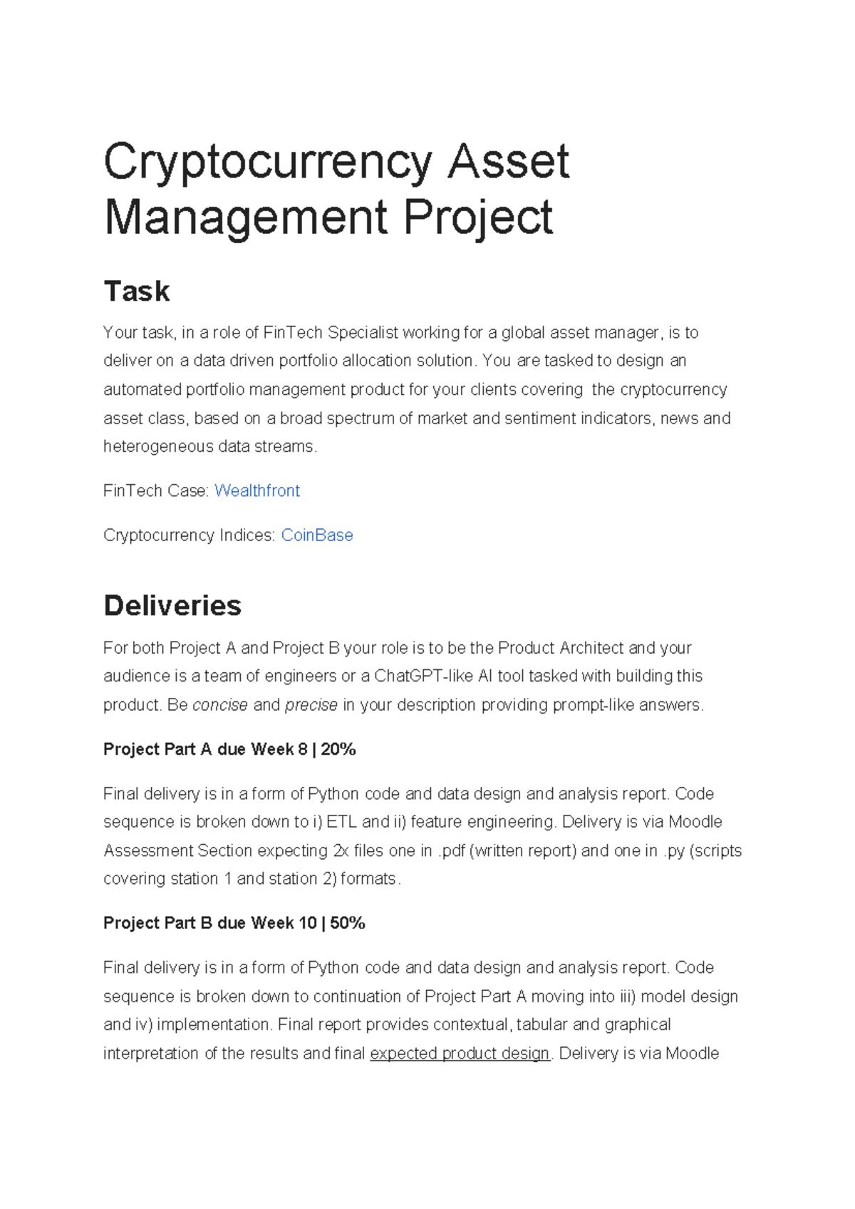 FinTech Project A & B: Automated Crypto Portfolio Management - Studocu
