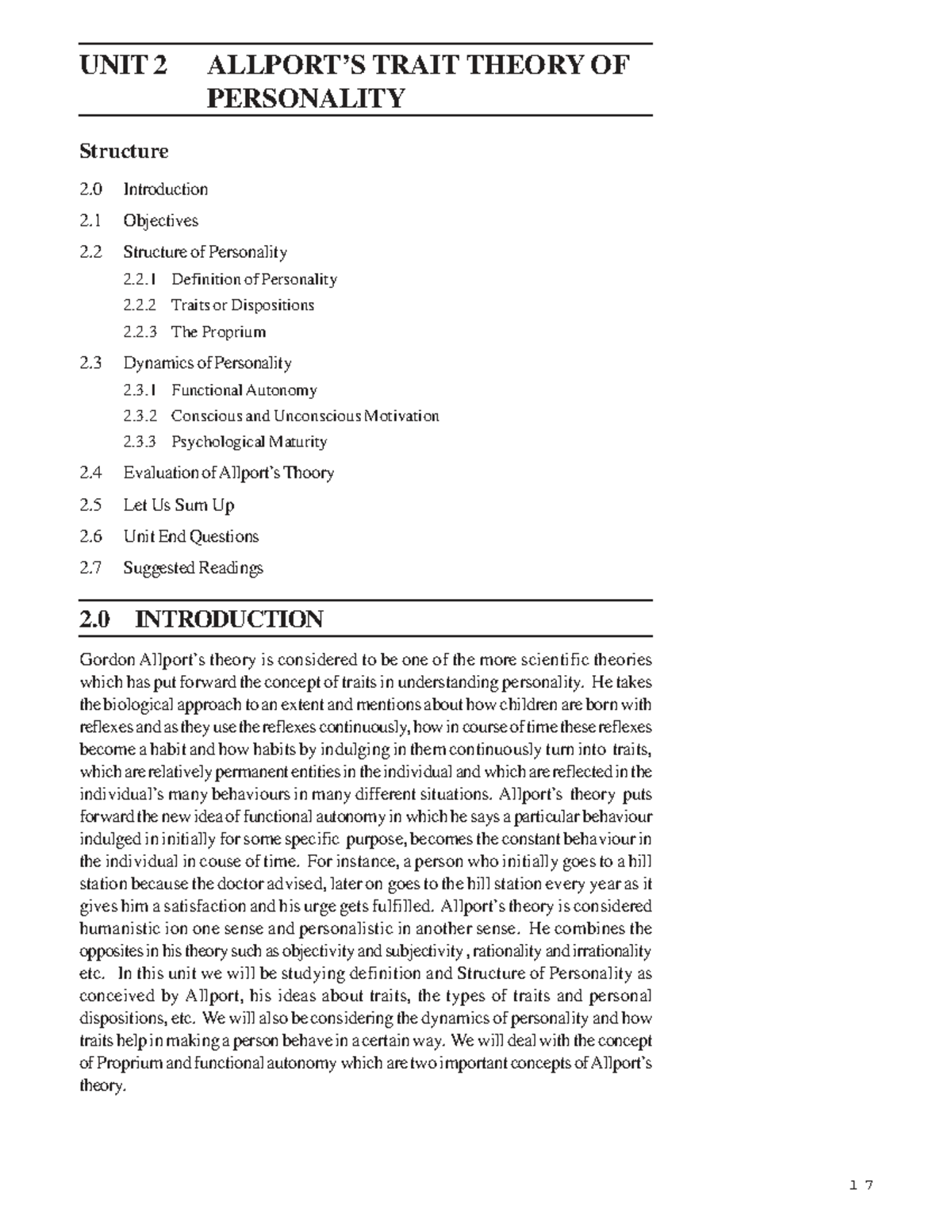 Unit 2: Overview of Allport's Trait Theory of Personality - Studocu