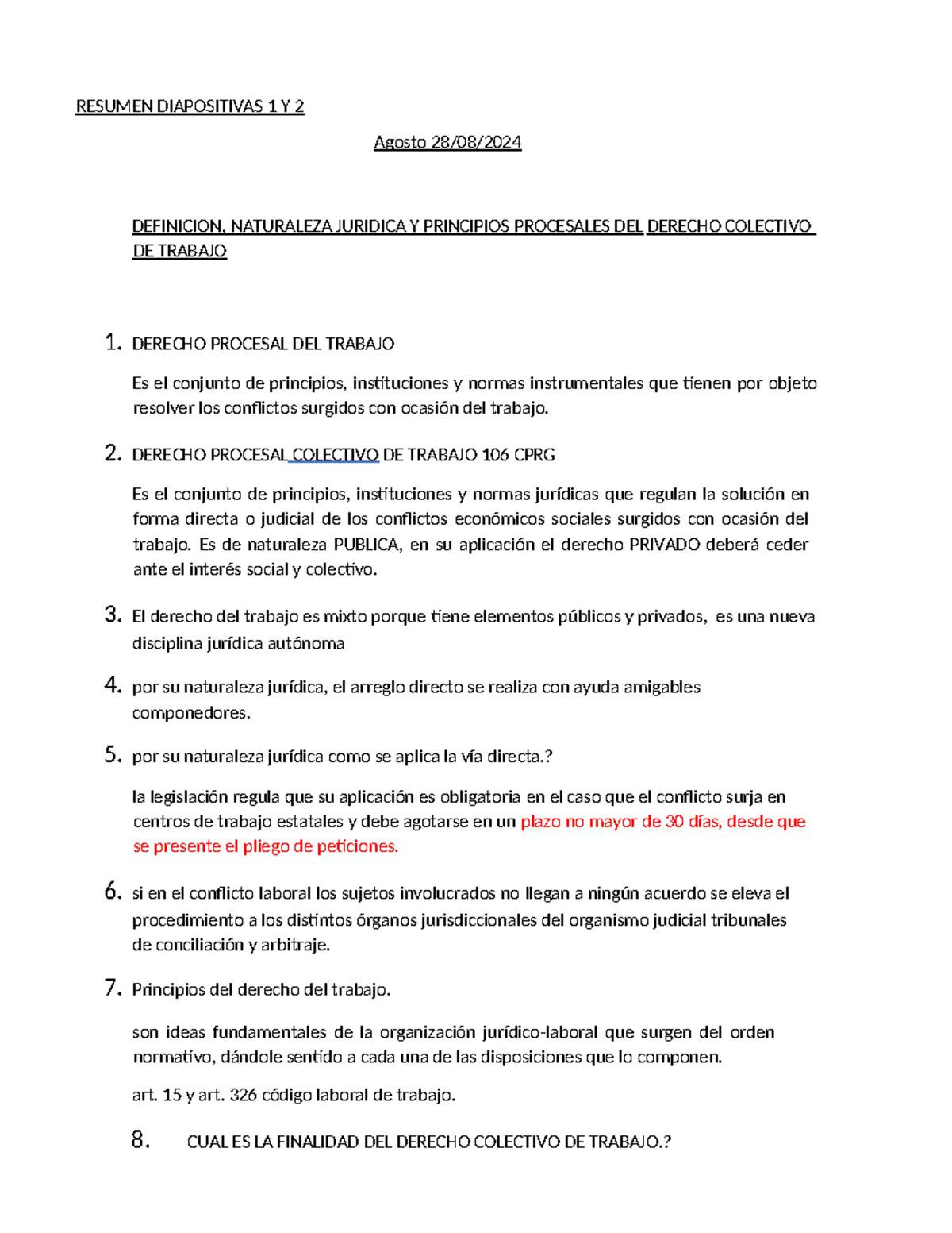 Resumen Diapositivas 1 y 2: Derecho Procesal Colectivo de Trabajo - Document Preview