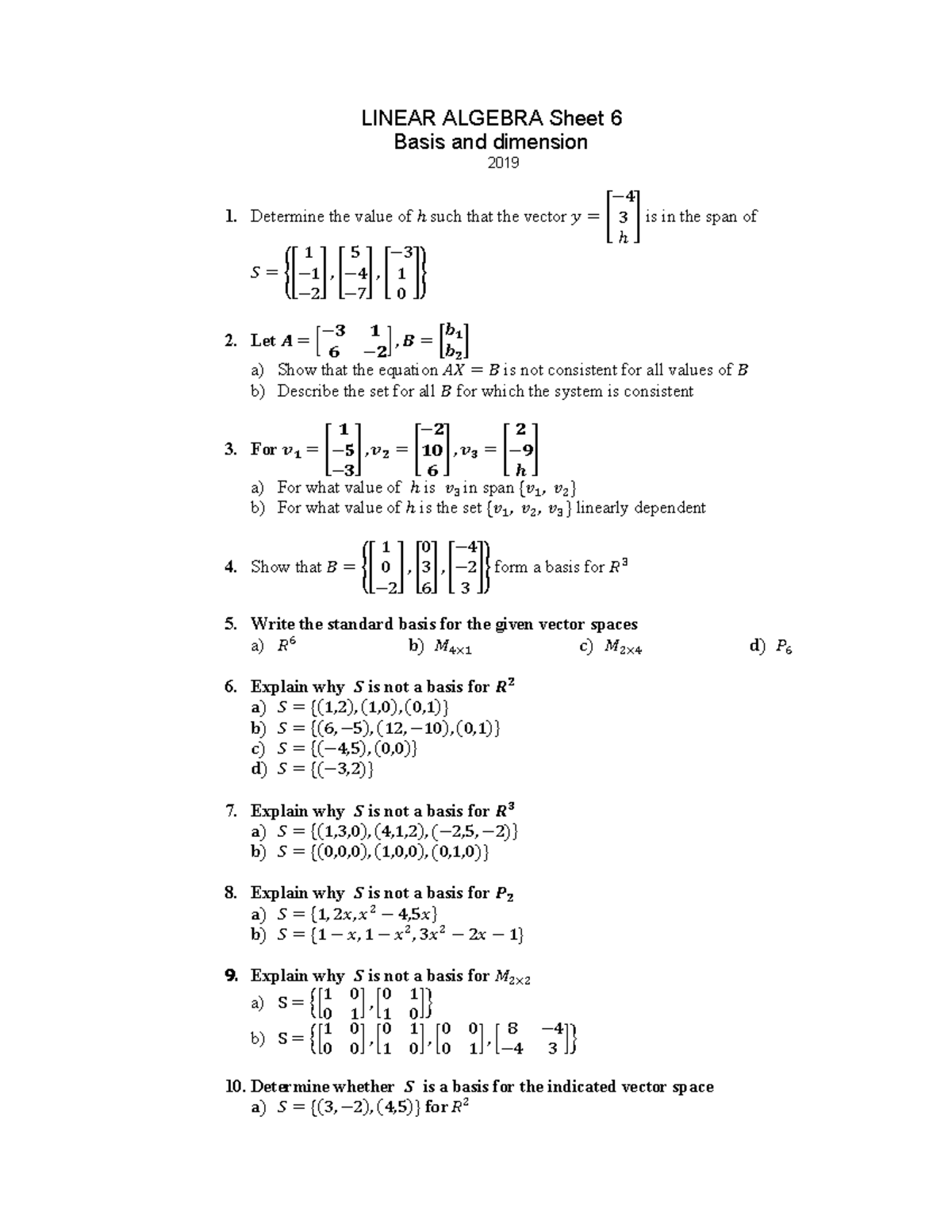 Linear Algebra LA-Sheet 06: Basis and Dimension Concepts - Studocu