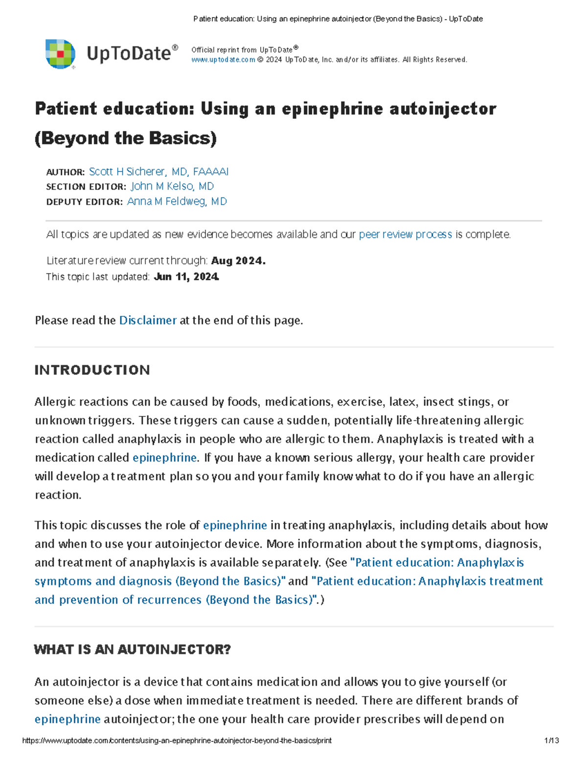 Patient Education: Epi Injection Use (Beyond the Basics) UpToDate - Studocu
