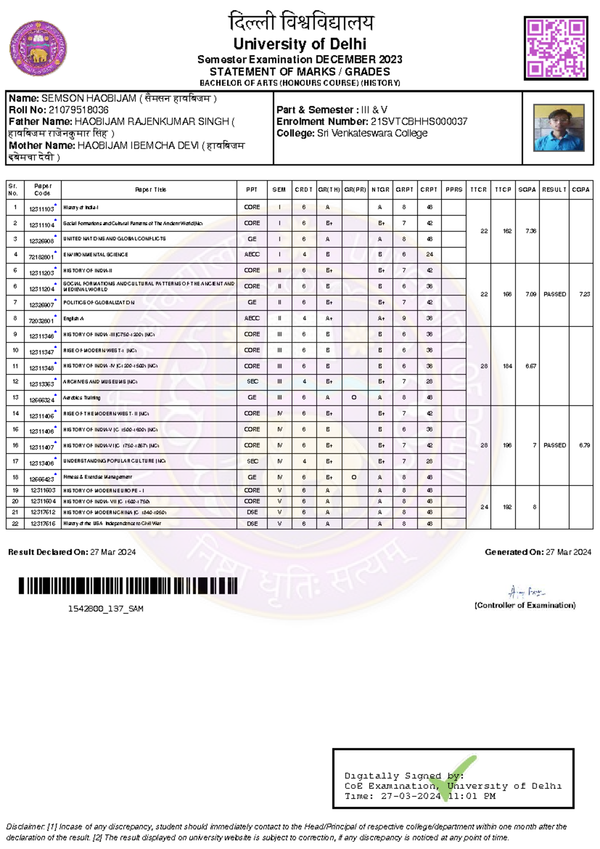 University of Delhi BA (Hons) History Semester V Marks Statement - Dec ...