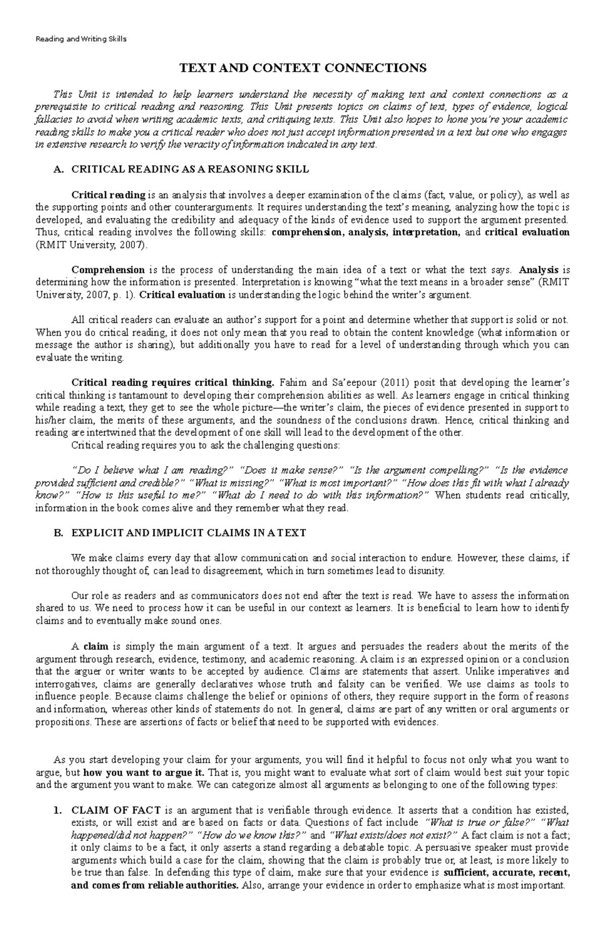 Text and Context Connections Module - TEXT AND CONTEXT CONNECTIONS This ...